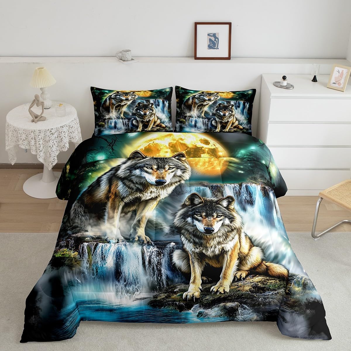 Feelyou Mountain Moon Wolf Comforter Set Full Size Wolves Howling Bedding Set for Boys Girls Teens Animal Wolves Comforter Women Men Wolf Duvet Set with 2 Pillow Case