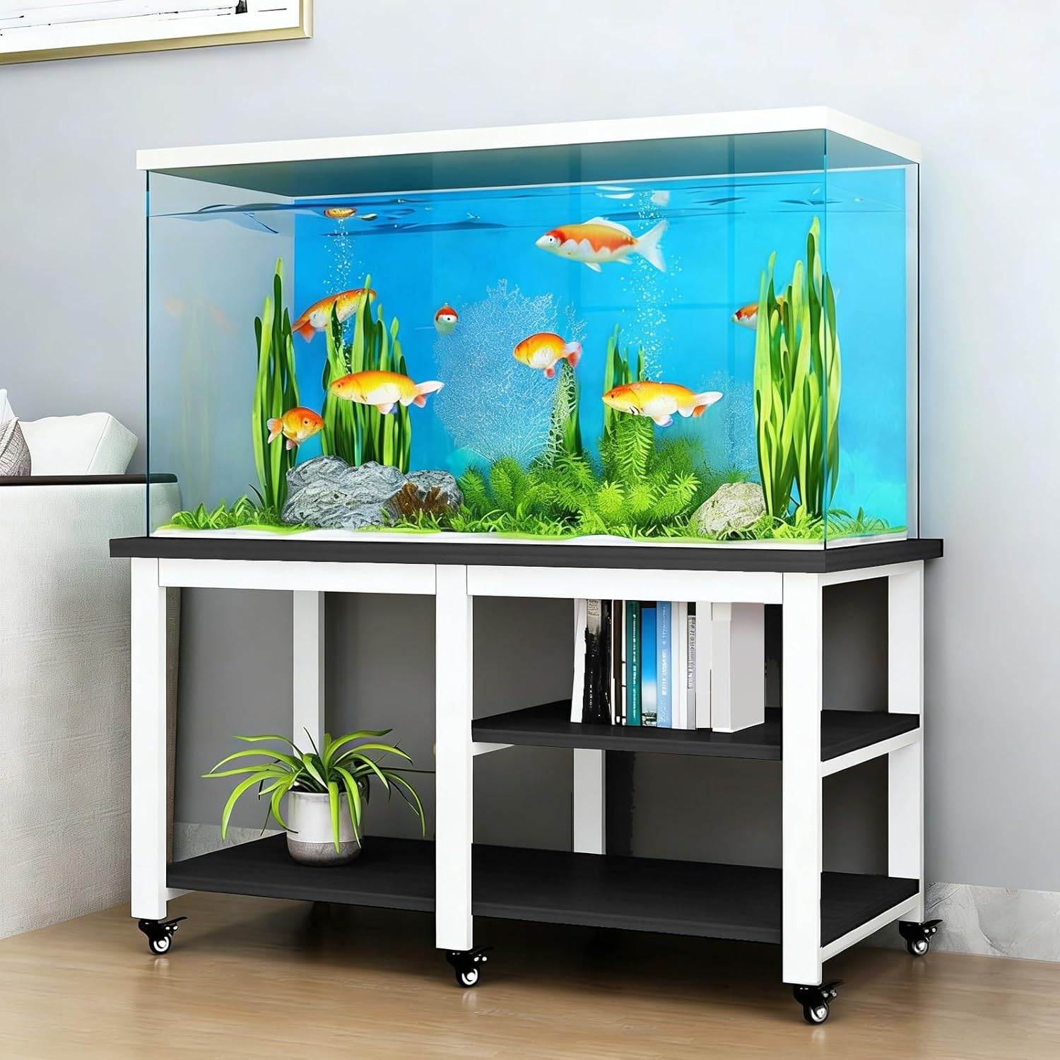 Mobile Aquarium Stand with Wheels, Heavy-Duty Steel Frame Fish Tank Stand, Reptile Tank Stand, Terrarium Shelf(Black,60x45x74cm)