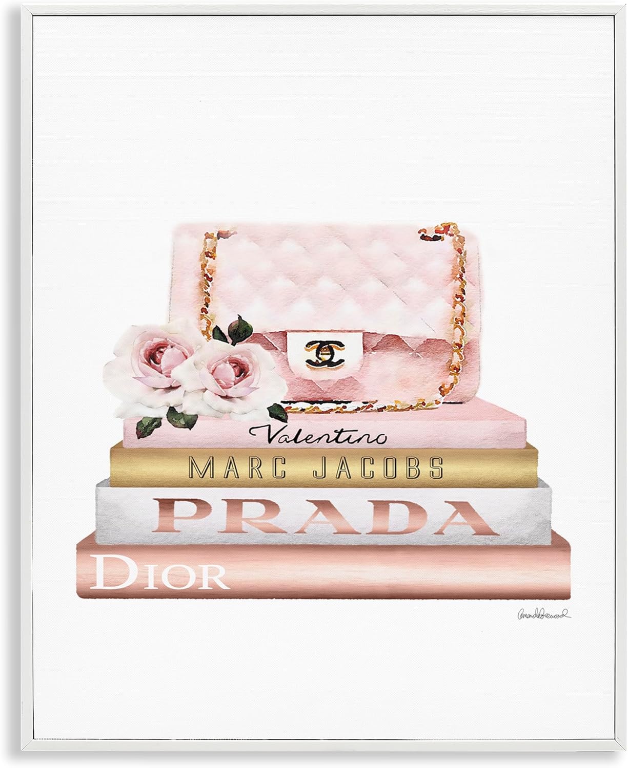 Stupell Industries 'Pink Purse Gold Bookstack', Framed Giclee Art, White, 11 x 14 Inches, Easy to Hang and Sturdy, Made in USA, by Amanda Greenwood