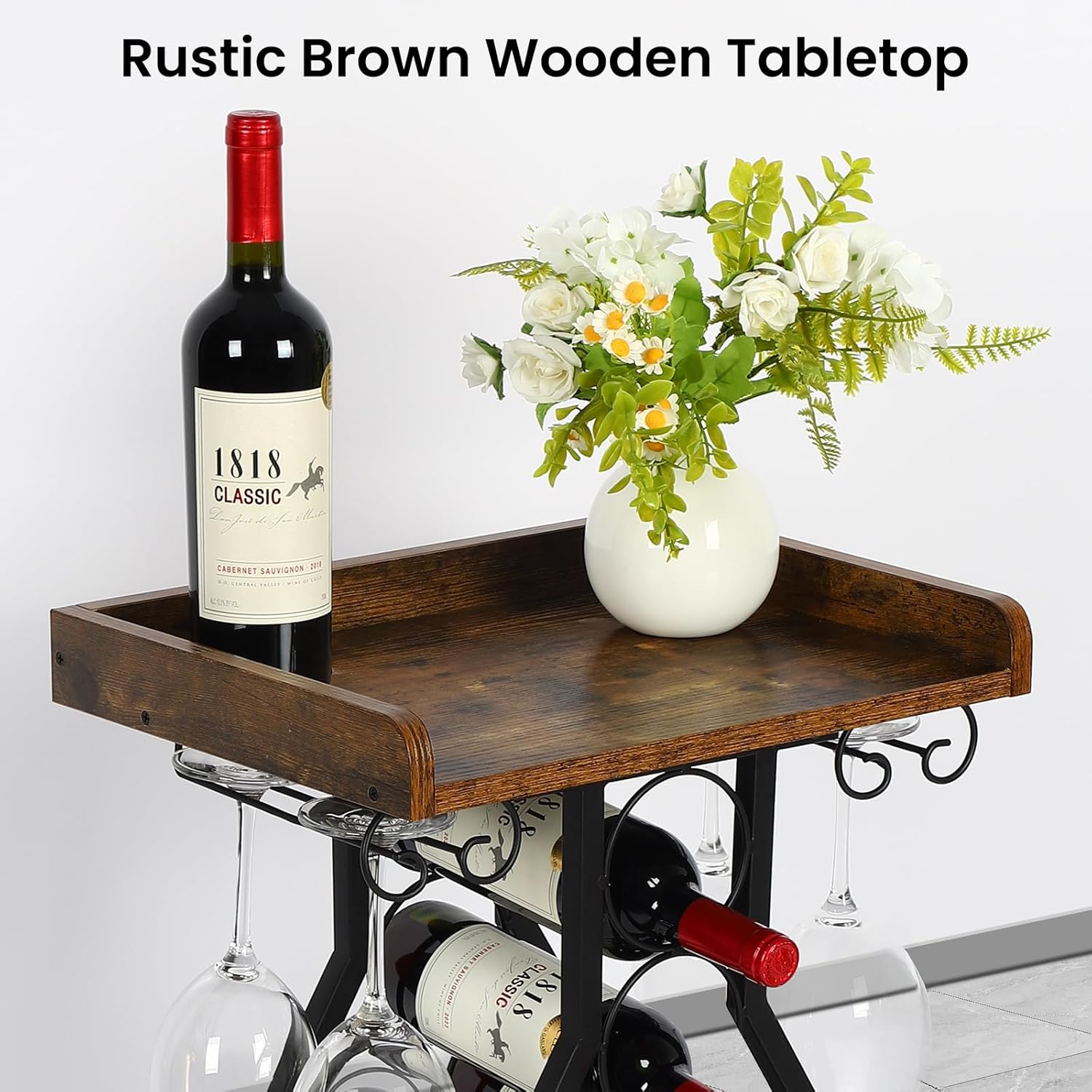 Wine Rack Floating Shelvesr Versatile Liquor Stand for Home Bar Mini Bar Table Wine Holder Stand Liquor Cabinet with Glass Holder Wood Tabletop 19 Bottles Floor Dining Room, Living Room