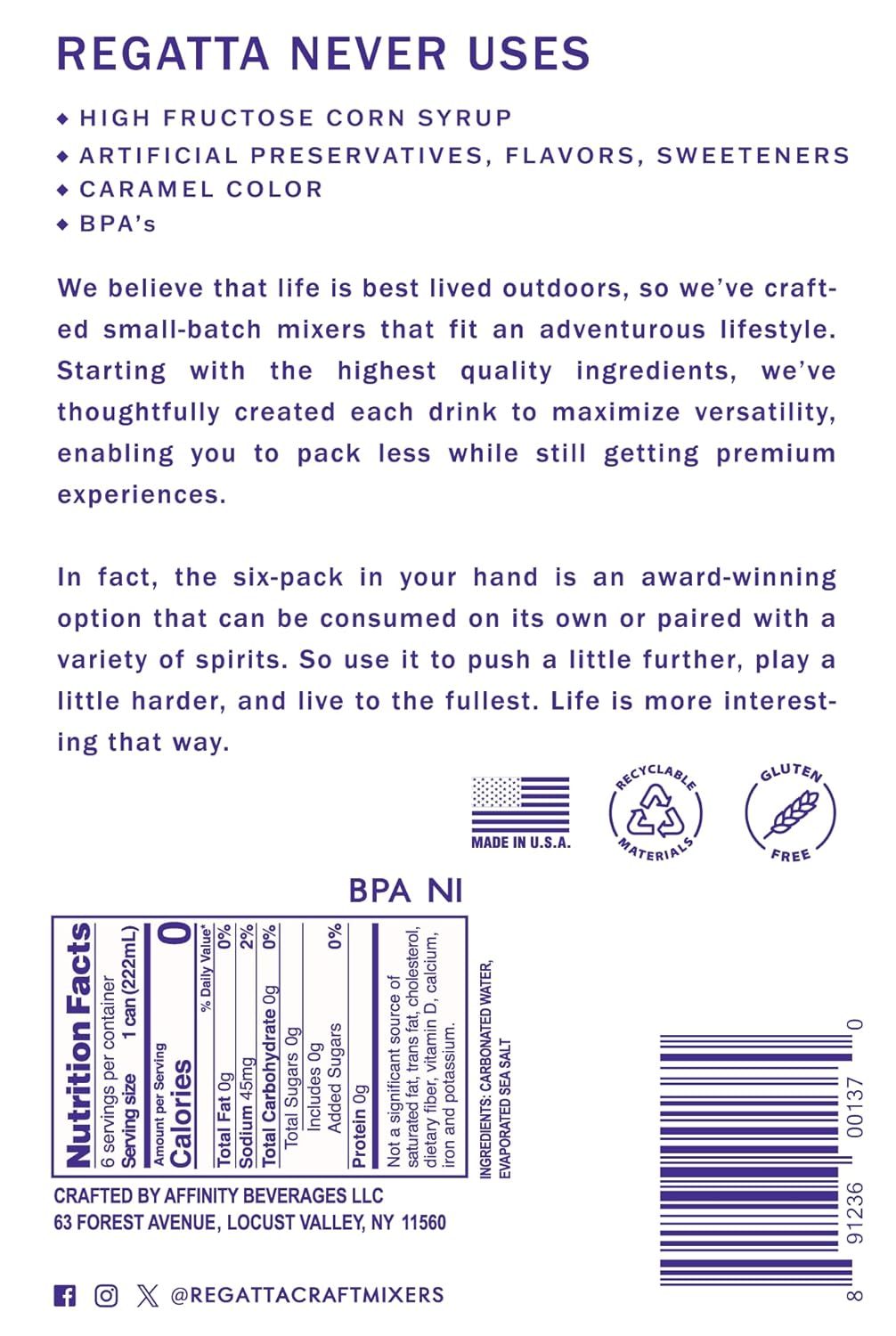 Pacific Sea Salt Club Soda, Regatta Craft Mixers, Zero Calorie, Premium Cocktail Mixer, 7.5oz, Case of 24 Sleek Mini Cans