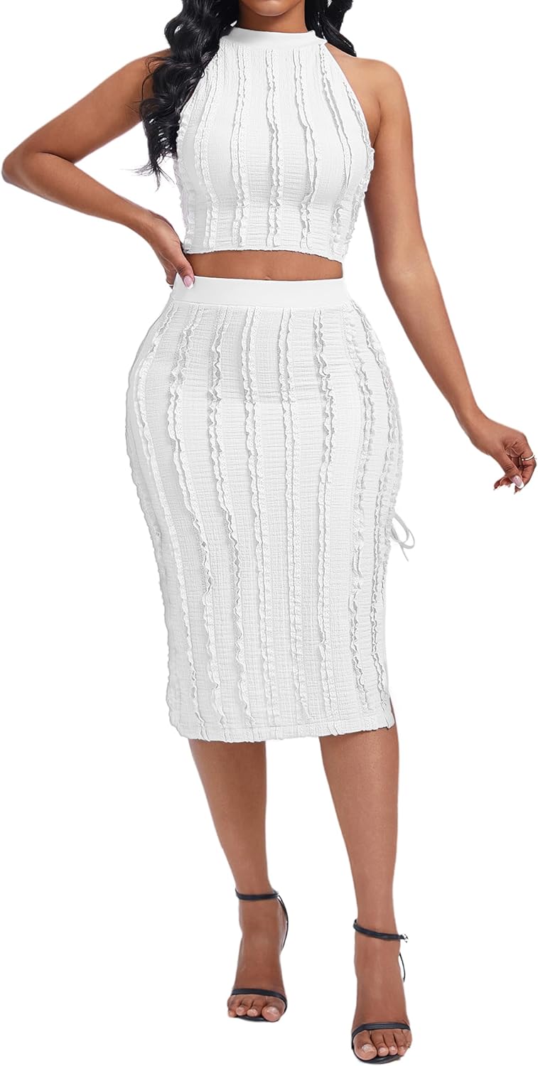 Women's Casual 2 Piece Outfit Crop Tops and High Waist Slim Skirt Set