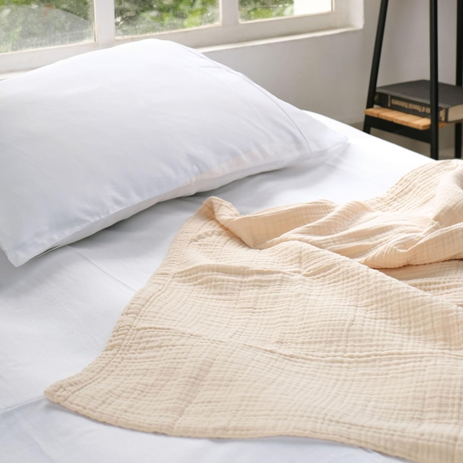 Salt Earth 100% Cotton Muslin Blanket, Gauze Blanket 80"X90" Queen, 4 Layered for Couch, Bed, Living Room,Lightweight & All Seasons Blankets & Throws, Easy to wash,Nature & Skin Friendly (Parchment) - Image 5