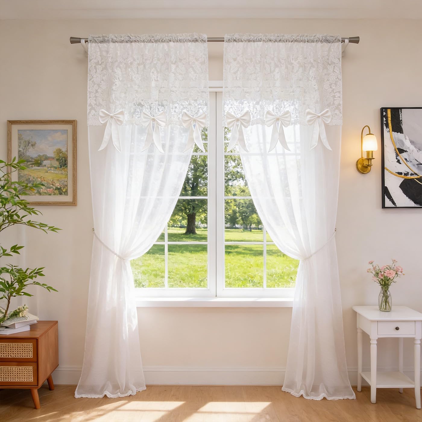 White Sheer Curtain 84 Inch Length Embroidered Lace Floral, Detachable Bow Voile Window Treatment Rod Pocket Draperies for Bedroom and Living Room 52" x 84", Set of 2 Panels