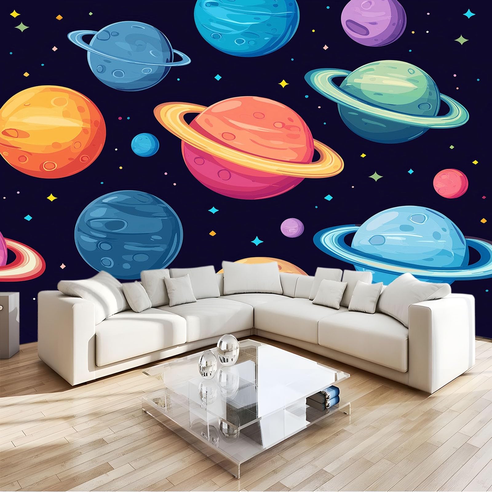 Papier Peint 3D Planète de bande dessinée Panoramique Peinture Murale Interieur 250x175 cm pour Salon Chambre à Coucher D'Enfant Maison Décoration Murale