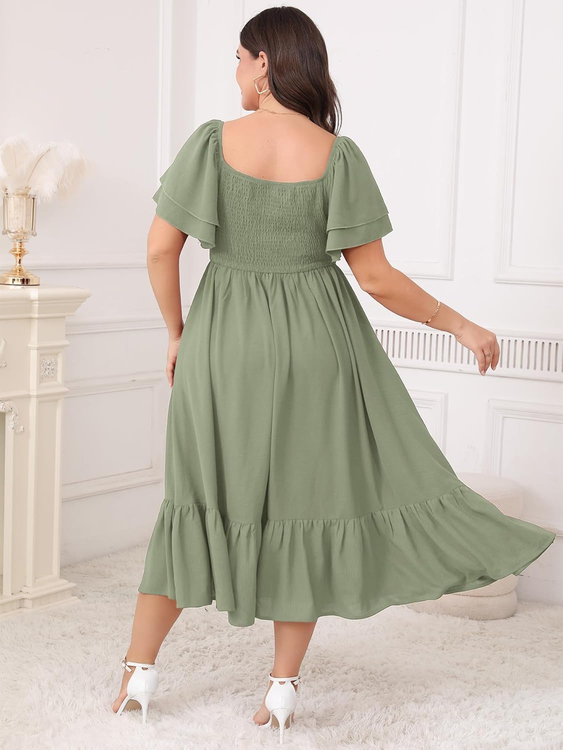 SCOMCHIC Womens Plus Size Wedding Guest Cocktail Dresses Sweetheart Neckline Short Sleeve Smocked Ruffle Slit Maxi Dress