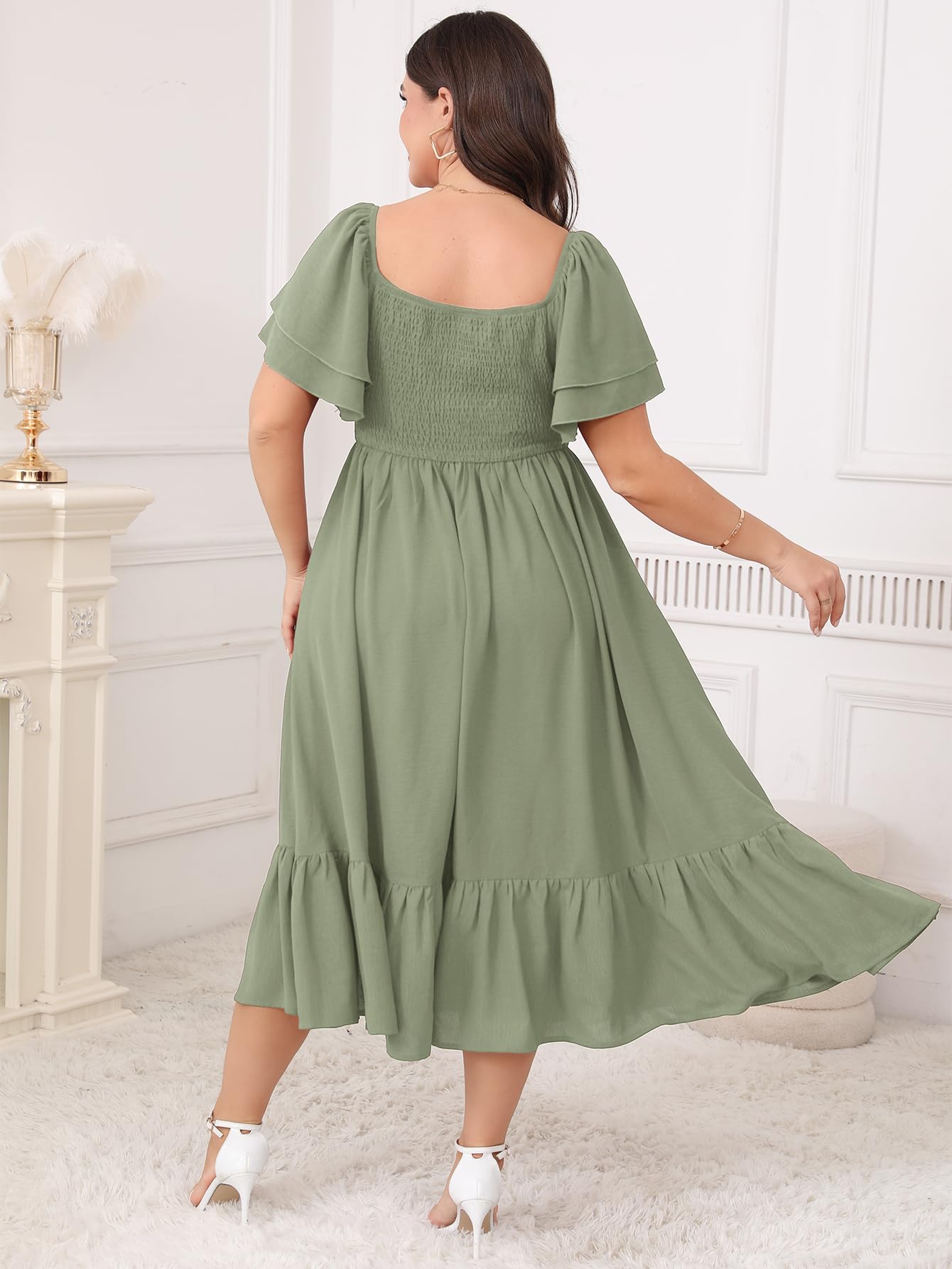 SCOMCHIC Vestido largo para mujer, talla grande, para invitada de boda, con escote corazón, manga corta, fruncido, con volantes, abertura