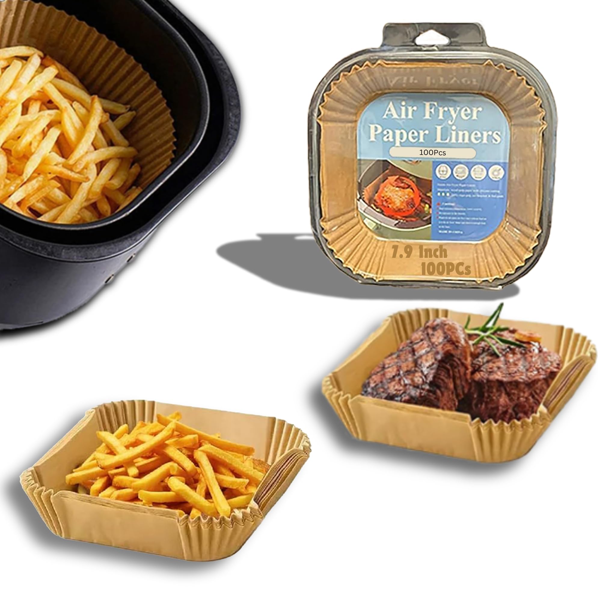 Beyond Basics Air Fryer Paper Liners -100pcs Non-Stick Parchment Paper for Air Fryer Oil-proof Air Fryer Disposable Paper - Square Baking Paper - Brown - Square - 7.9inch/20cm - 6.3inch/16cm. (20cm)