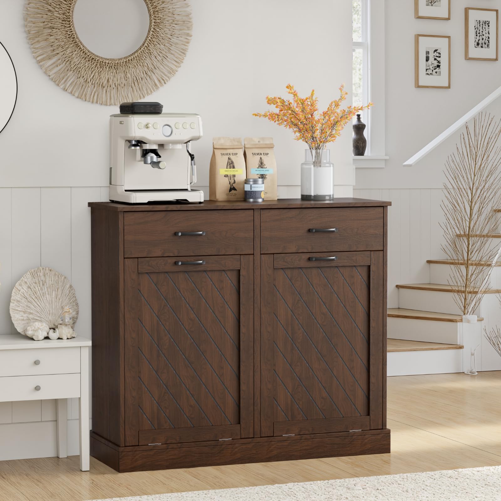Double Tilt-Out Trash Can Cabinet, 2x13 Gallons Hidden Garbage, Hidden Kitchen Trash Cabinet with Storage Drawer, Pet-Proof Wooden Garbage & Recycling Cabinet for Kitchen, Laundry & Living Room, Brown