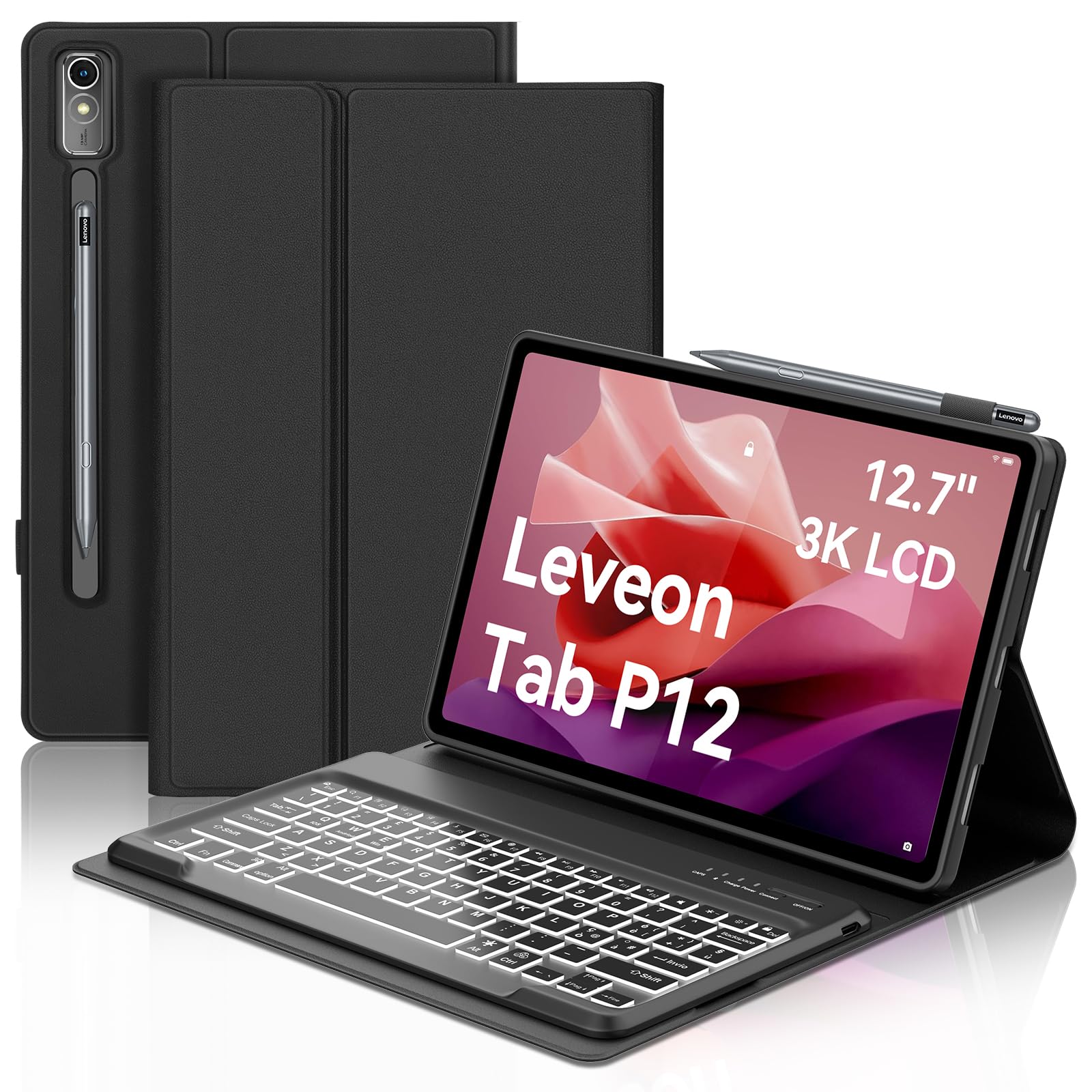 Occtingkind Tastiera Retroilluminata per Lenovo Tab P12 2023 - Custodia con Tastiera Bluetooth Multicolore per Lenovo Tab P12 TB370FU, Layout Italiano, USB C, Senza Touchpad, Nero