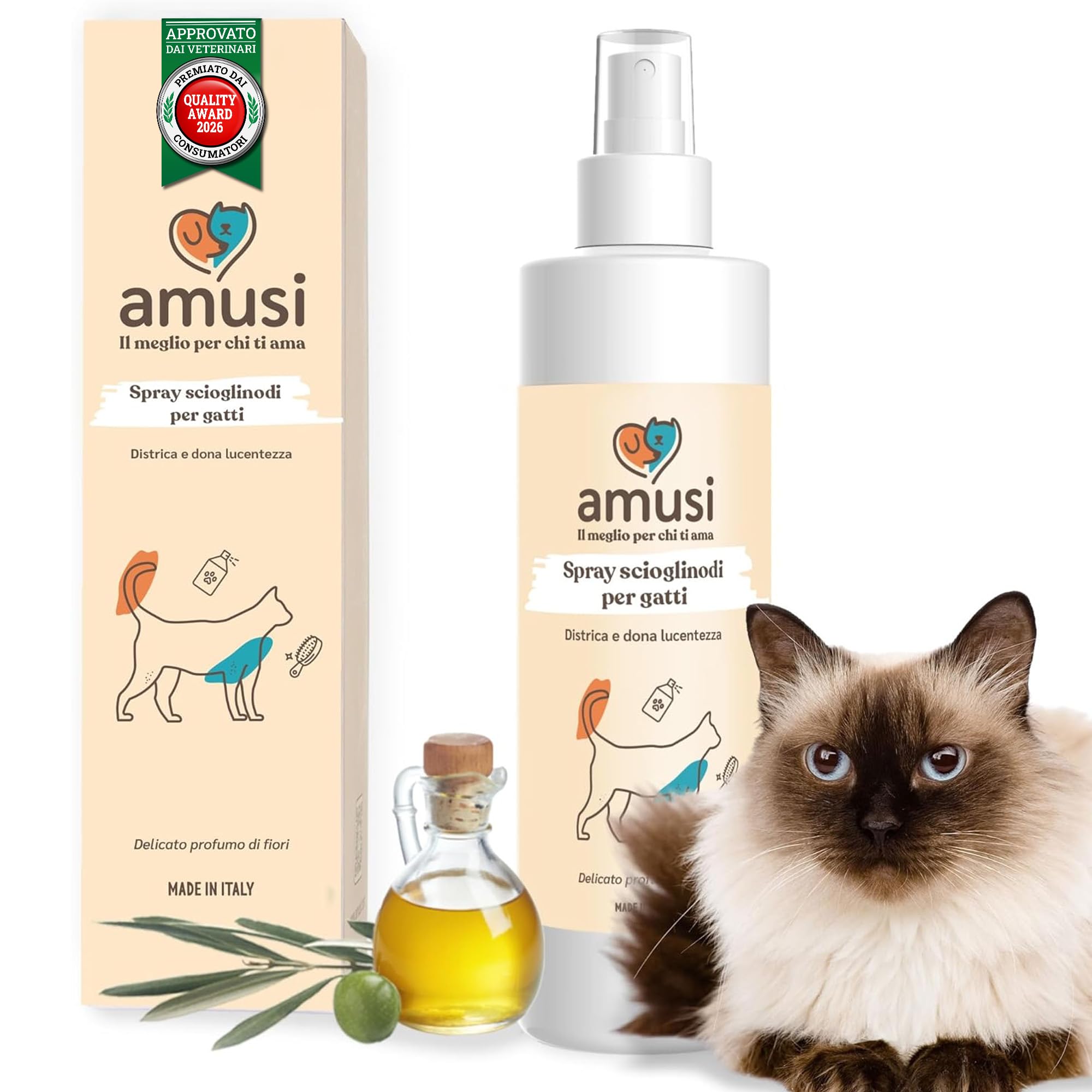 amusi Spray Sciogli Nodi per Gatti 250 ml 100% Naturale e Vegano - Sciogli Nodi Gatto Districante - Rende il Pelo morbido e lucente - Non necessita di Risciacquo e Profuma. Sciogliere Pelo Gatto