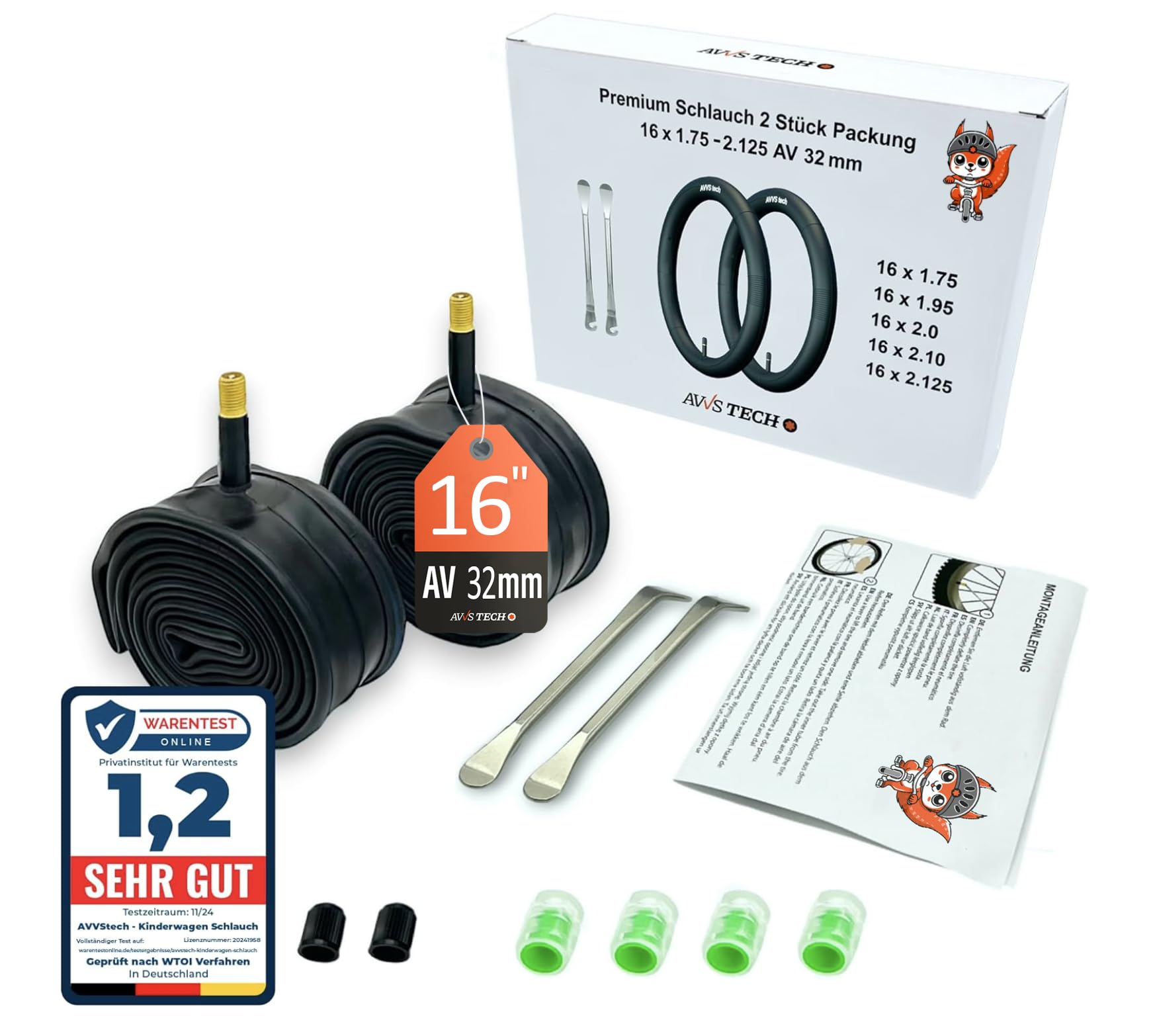 16 х 1.75 Glücks-Set Kinderfahrrad 16 Zoll Schlauch 16x1.75 16x1.95 16x2.125 (47/62-305) AV 32 mm Kompatibel mit Puky, Laufrad, Kinderwagen, Anhänger