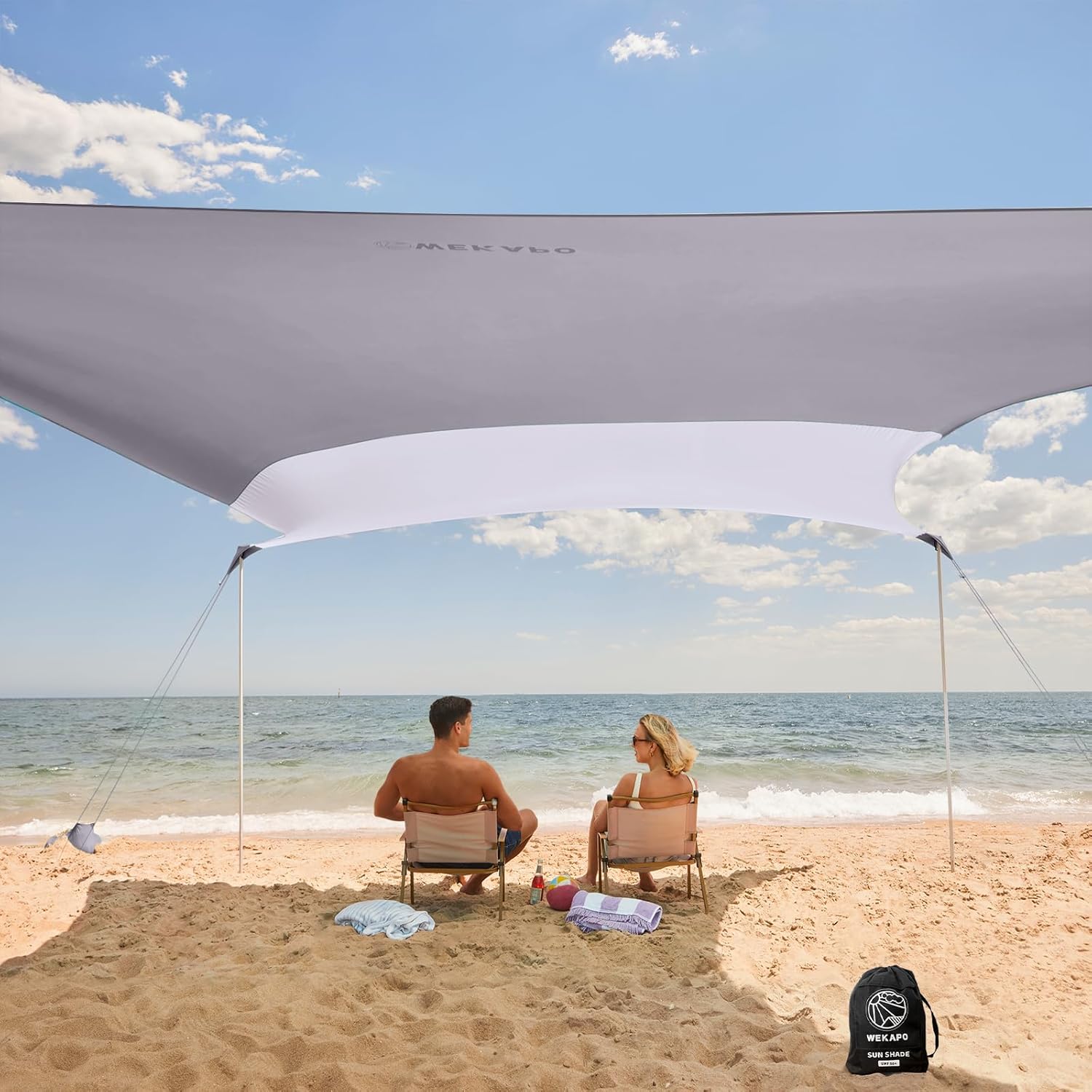 WEKAPO Beach Shade Canopy, 10x10 FT Beach Tent Sun Shelter with 4 Poles, Large Sand Shovel and Ground Pegs, UPF 50+ Outdoor Shade for Camping Trips, Fishing (Grey, 10x10 FT 4 Pole)