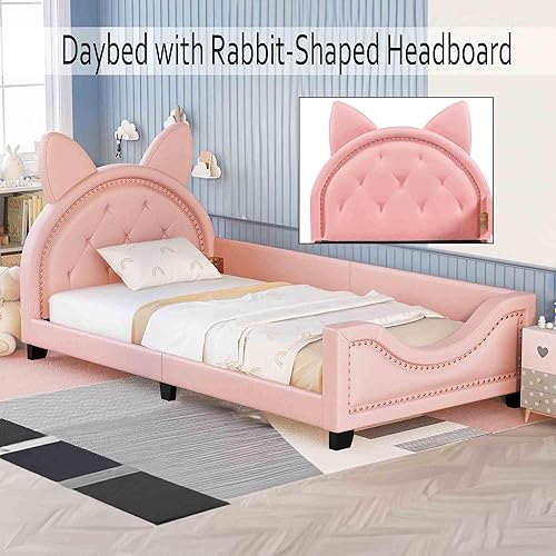 Miniatura 3 de Sofá cama con cabecero, cámaras en forma de conejo, base de cama de madera con plataforma individual para niñas y niños, bonito sofá cama tapizado,