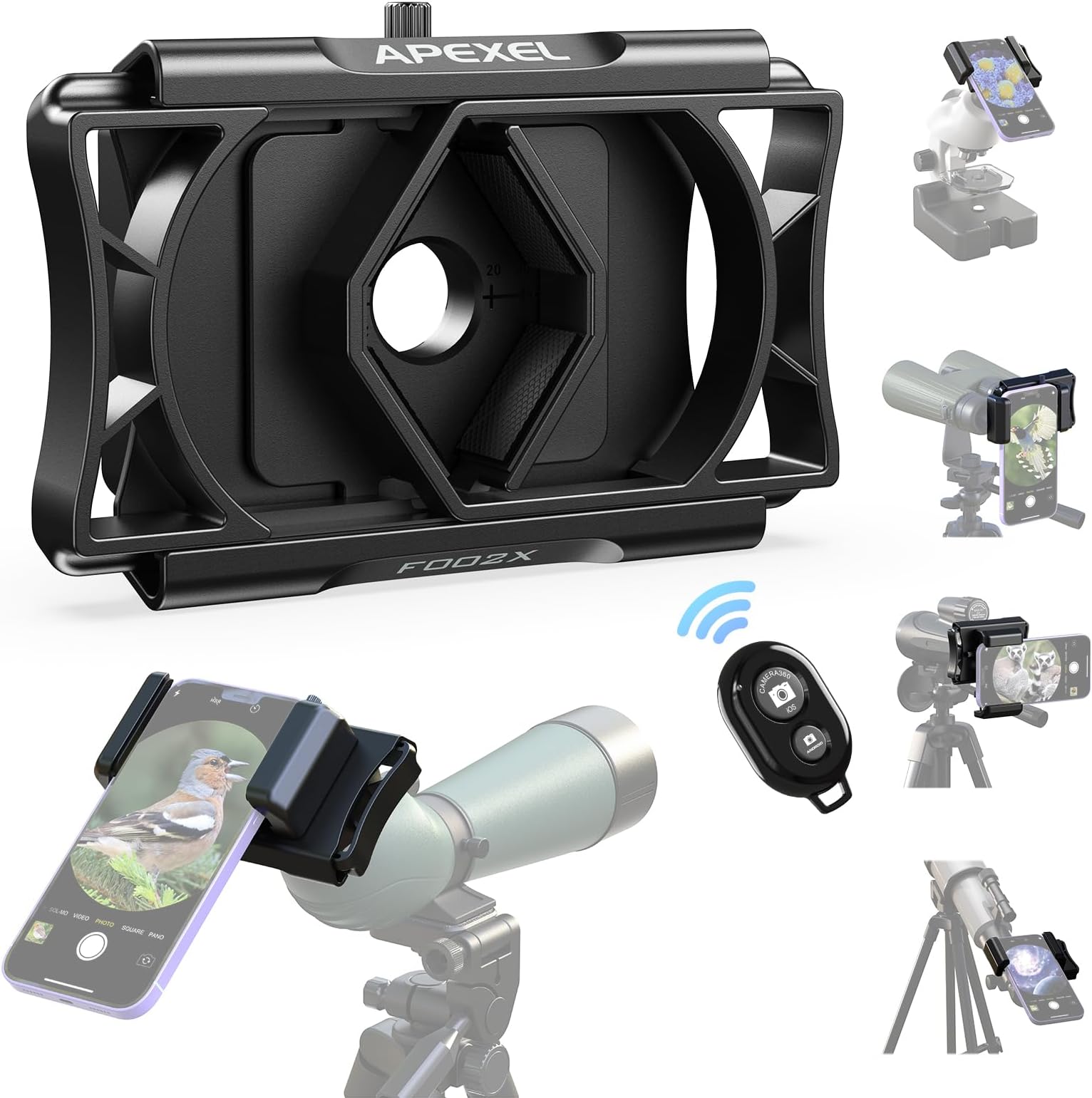 Upgraded Telescope Phone Adapter, Rotatable 360° Binocular Photo Adapter for Android & iPhone,Smartphone Holder Mount for Telescope,Monocular,Binocular,Spotting Scope,Microscope with Bluetooth Shutter