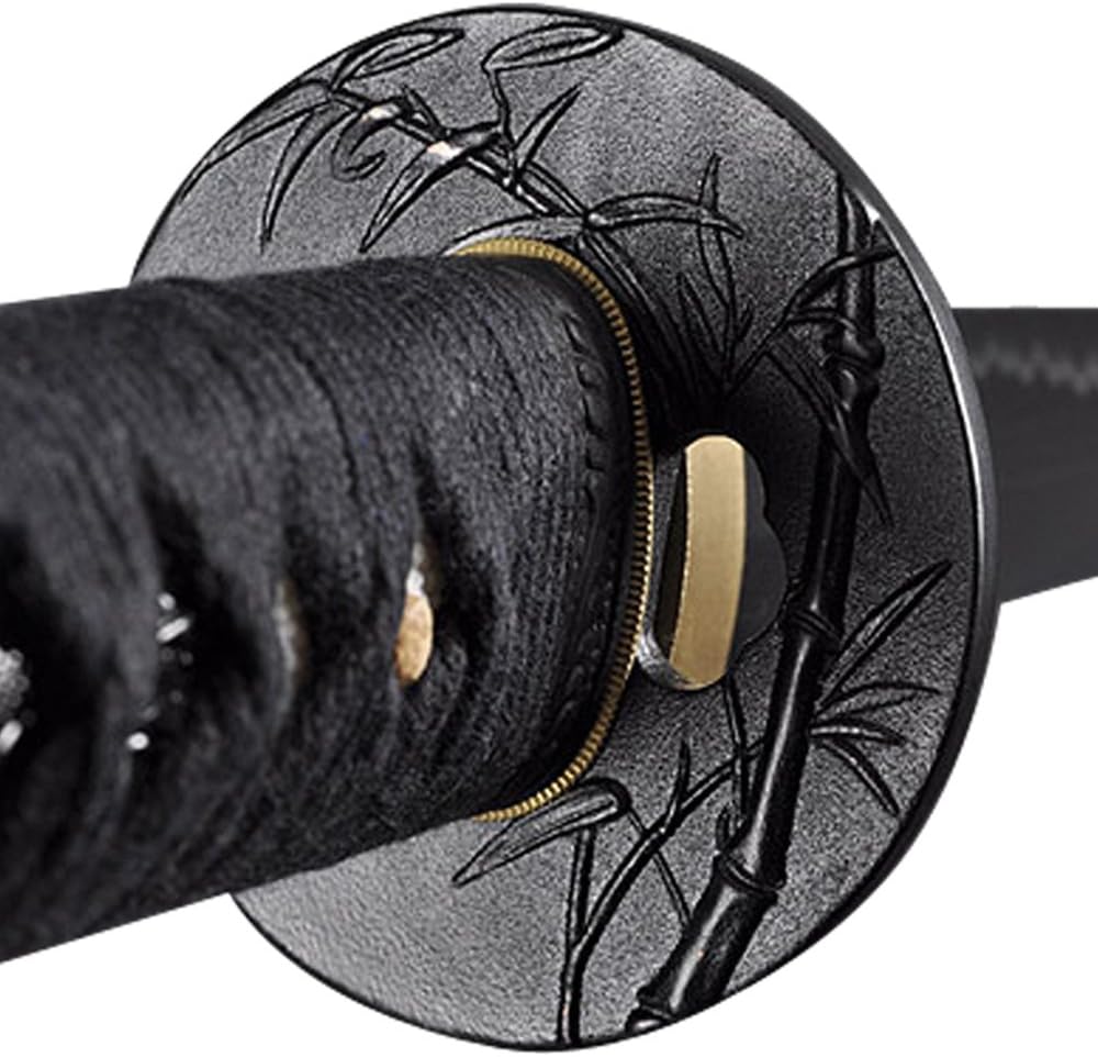 Handmade Sword - Samurai Katana, Battle Ready, Hand Forged, 1045 Carbon Steel, Heat Tempered, Full Tang, Sharp, Bamboo Tsuba, Black Wooden Scabbard