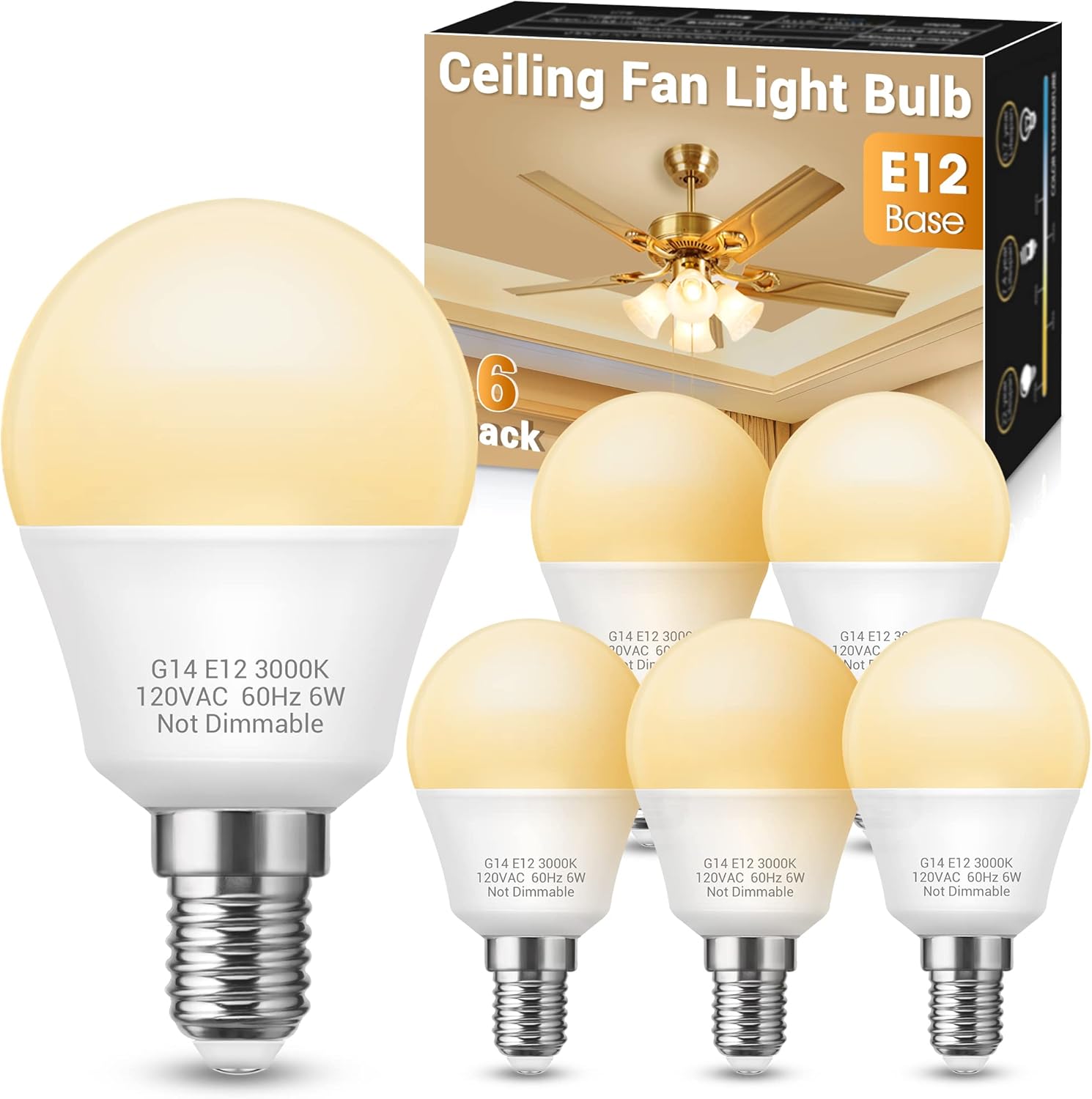 JandCase Ceiling Fan Light Bulbs, 6W E12 LED Bulbs 60Watt Equivalent, G14 LED Bulbs for Ceiling Fan, Chandelier, Table Lamp, Soft White 3000K, Non-dimmable, 6 Pack