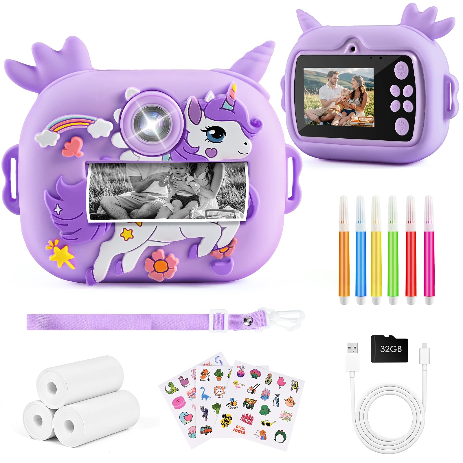 Appareil Photo Instantané Enfant 1080P HD Avec Impression Thermique + Carte 32 Go - Caméra Numérique Violet Cadeau 3-12 Ans