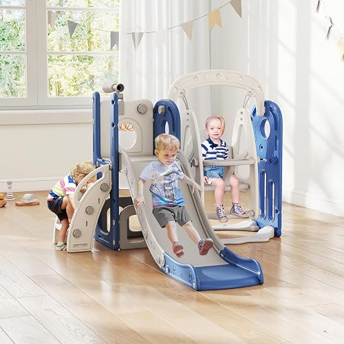 Kinpaw Multi-Functional Slide & Swing Set for Toddler - Freestanding Kids Slide, Indoor & Outdoor Playground Playset with Climber, Basketball Hoop, Telescope, Storage Area and Tunnel, White&Blue