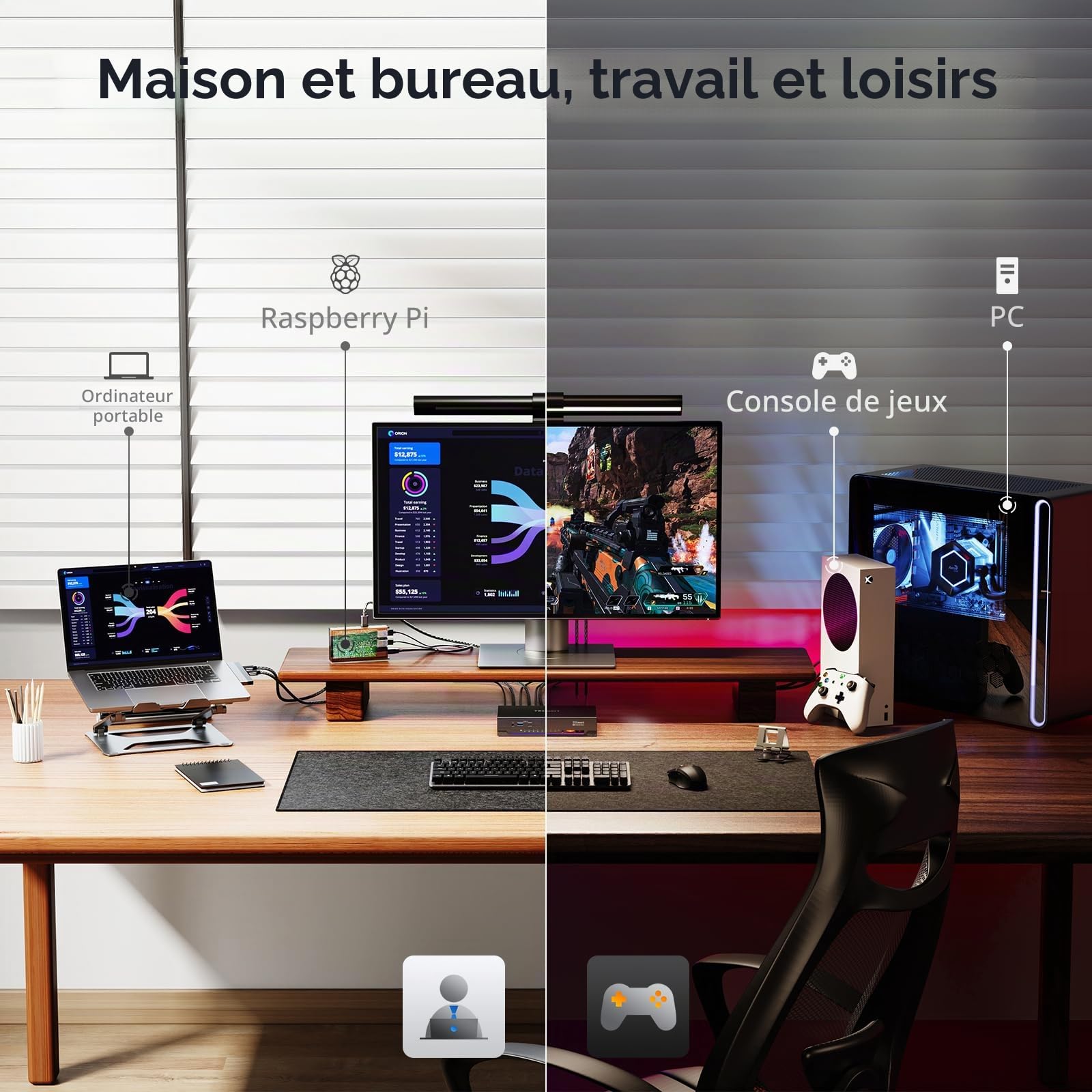 TESmart 8K@60Hz HDMI Commutateur KVM 1 moniteur 4 ordinateurs, 4K@144Hz KVM Switch 4 ports avec émulateur EDID, USB 3.0 et casque, raccourcis clavier personnalisés, réseau Gigabit et 4 câbles PC