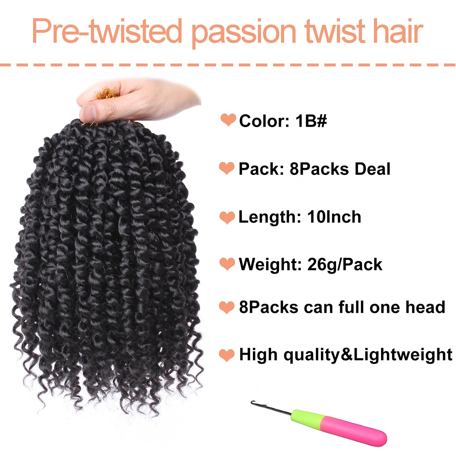 Mscat 8 Packs Pre-twisted Passion Twist Crochet Hair 10 Inch Natural Black Pre-looped Crochet Braids Hair (8packs, 1B#) - Image 2