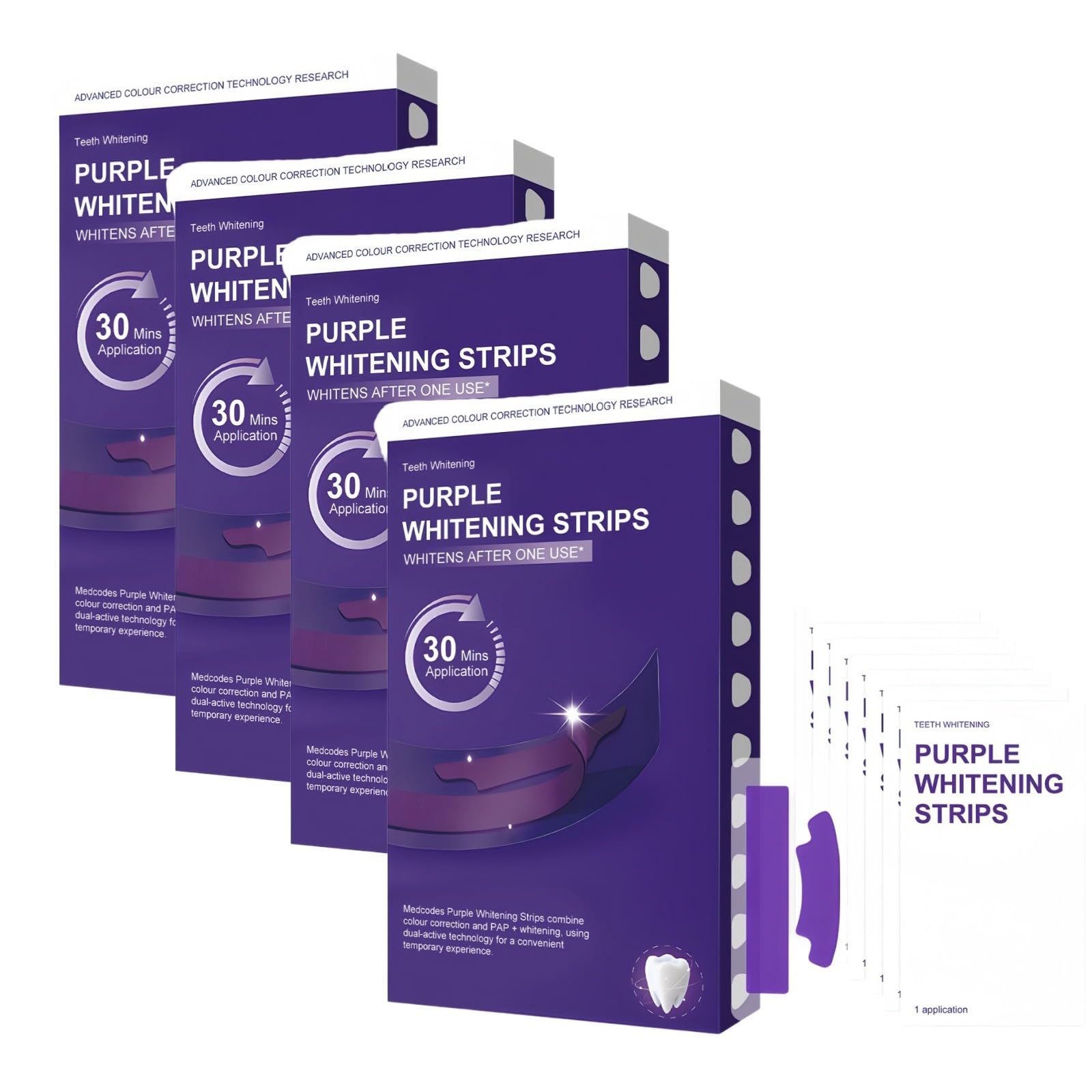 PURPLE WHITENING STRIPS Taśma wybielająca zęby bez nadtlenku | Zęby i usuwanie plam Efekt korygujący żółty odcień Przeciw bólowi i wrażliwości - eliminuje kawę, herbatę,