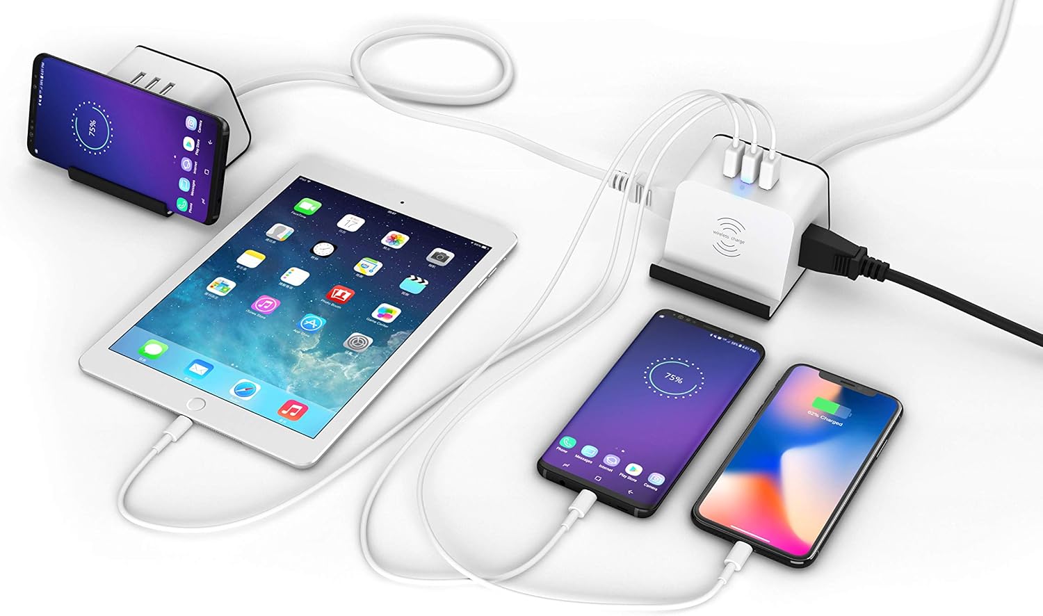 ETL Listed, Power Strip with 2.4 A USB Charging Station for Multiple Devices, Qi-Certified 5W Wireless Charger, 2 AC Outlets and 3 USB Hub Charger