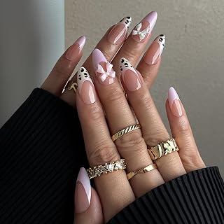 Leopard Press on Nails Medium Almond - Pink French Tip Fake Nails with Bow, Glossy Finished Reusable False Nails with Double Adhesive Glue Tabs - 24Pcs Nail Kit for Women Manicure (03)