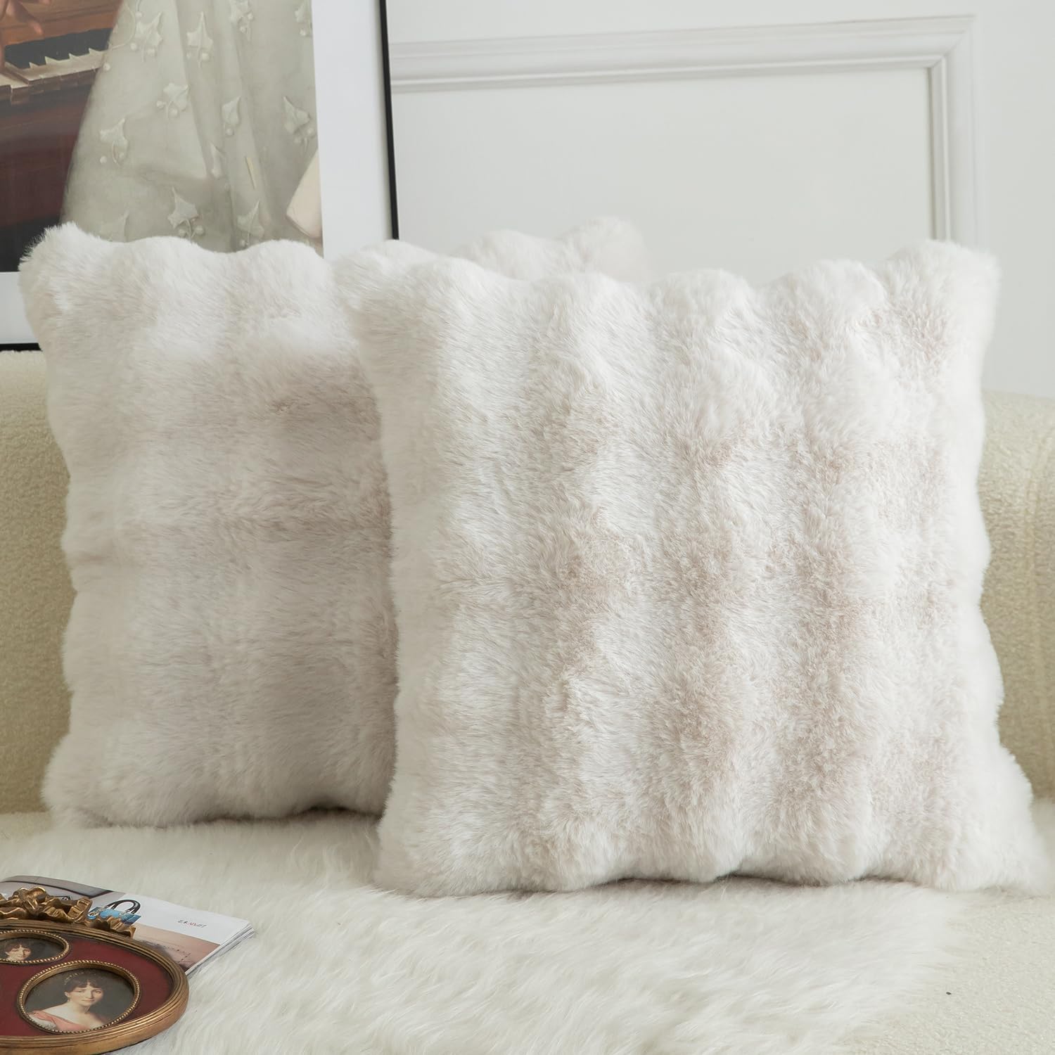 Mandioo Pack of 2 Cushion Covers 65cm x 65cm Decorative Thick Plush Wool Throw Pillow Covers cases for Sofa Bedroom Living Home 26 x 26 Inch Cream White