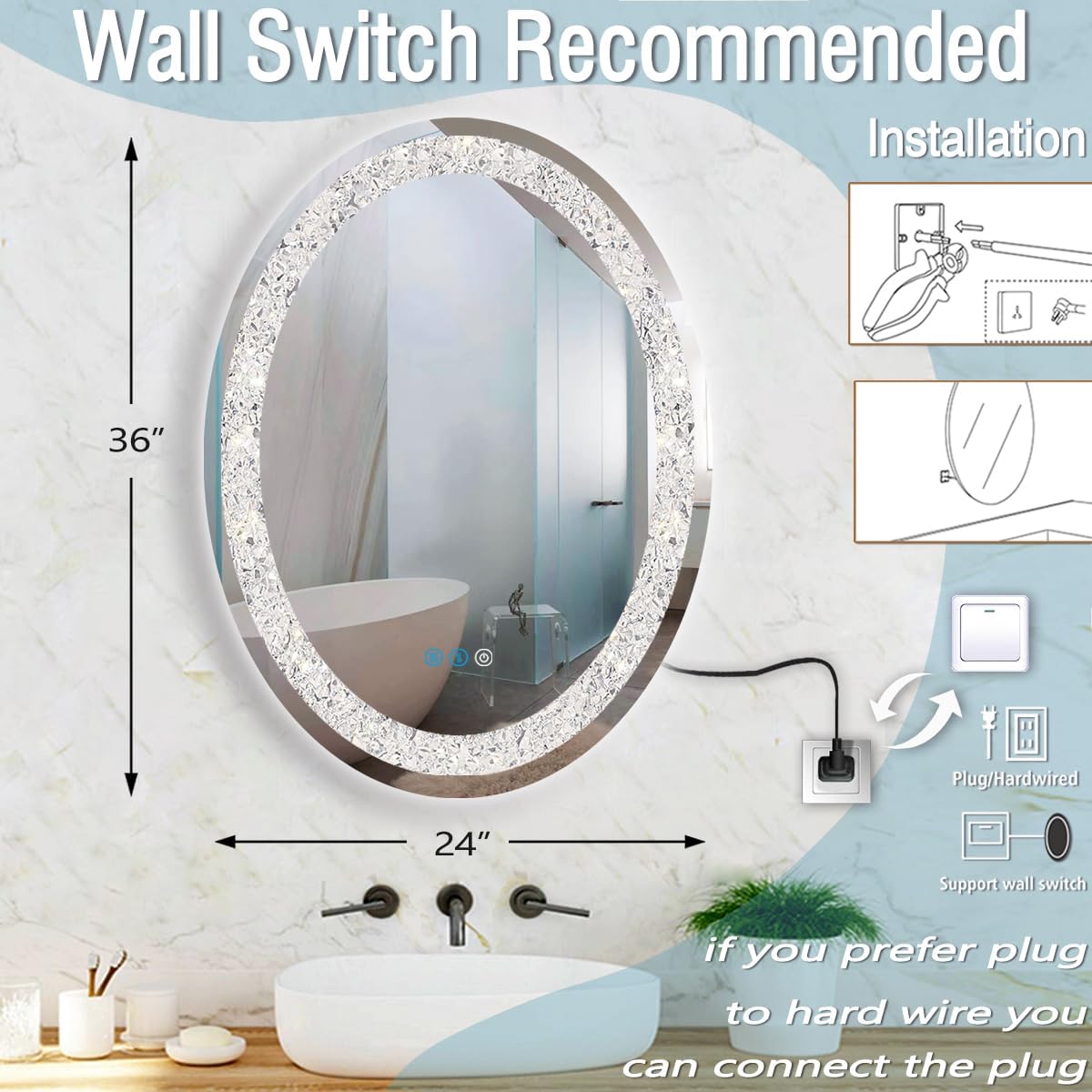 36 x 24 Inch Crystal Oval LED Vanity Mirror with Lights Diamond Oval Lighted Mirror for Bathroom Wall Mounted Smart Memory 3 Color Dimmable FrontLit AntiFog 36" Crystal Ovals Light up Mirrors
