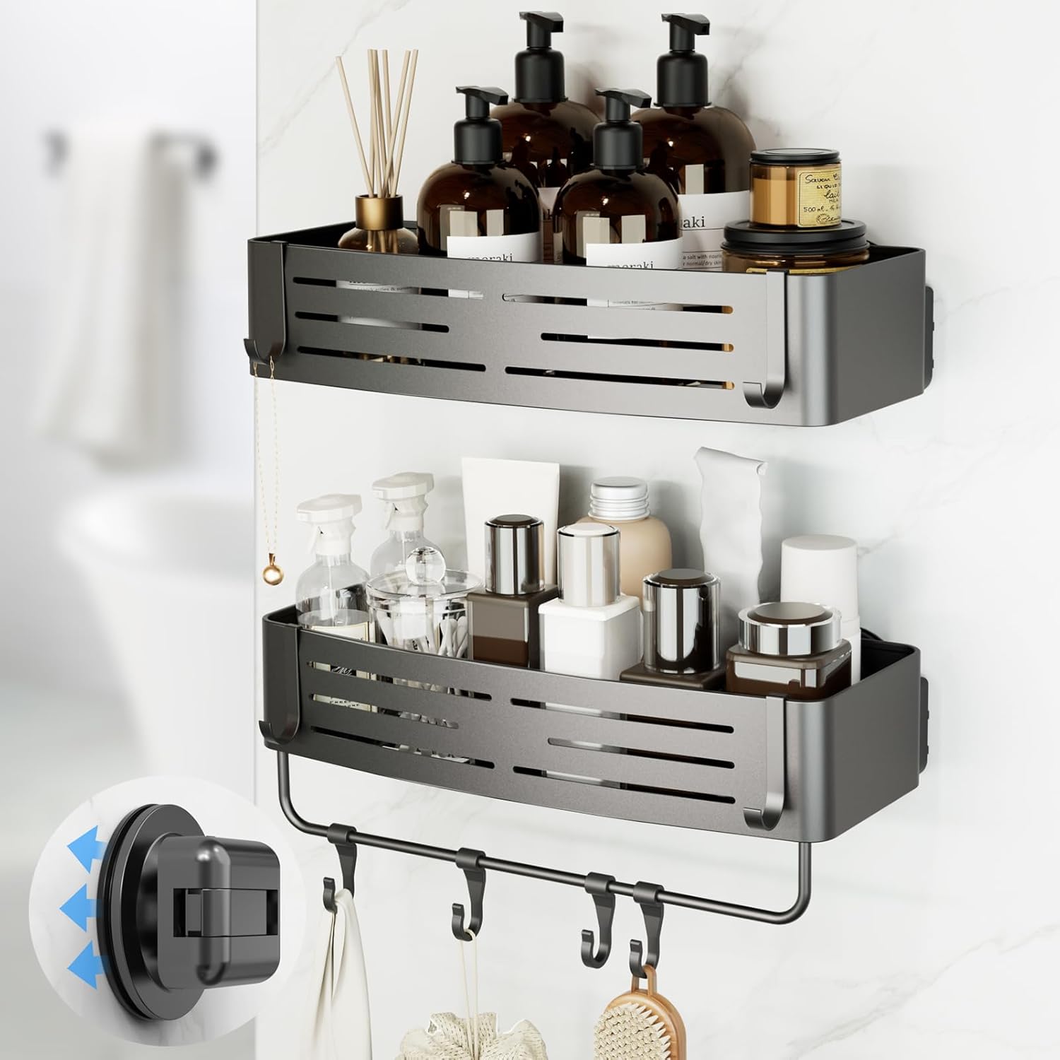 Onemake Shower Caddies Suction Cup, 2-Pack Removable Bathroom Shelf, Shower Organizer with Portable Hooks, Shower Caddy Corner Waterproof Holder with Towel Bar, Gray