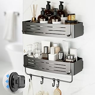 Onemake Shower Caddy Suction Cup, 2 Pack Shower Shelf with Hooks for Bath | No-drilling Rustproof Aluminum Removable Caddy with Towel Bar, Waterproof Shower Organizer, Corner Shampoo Holder, Gray