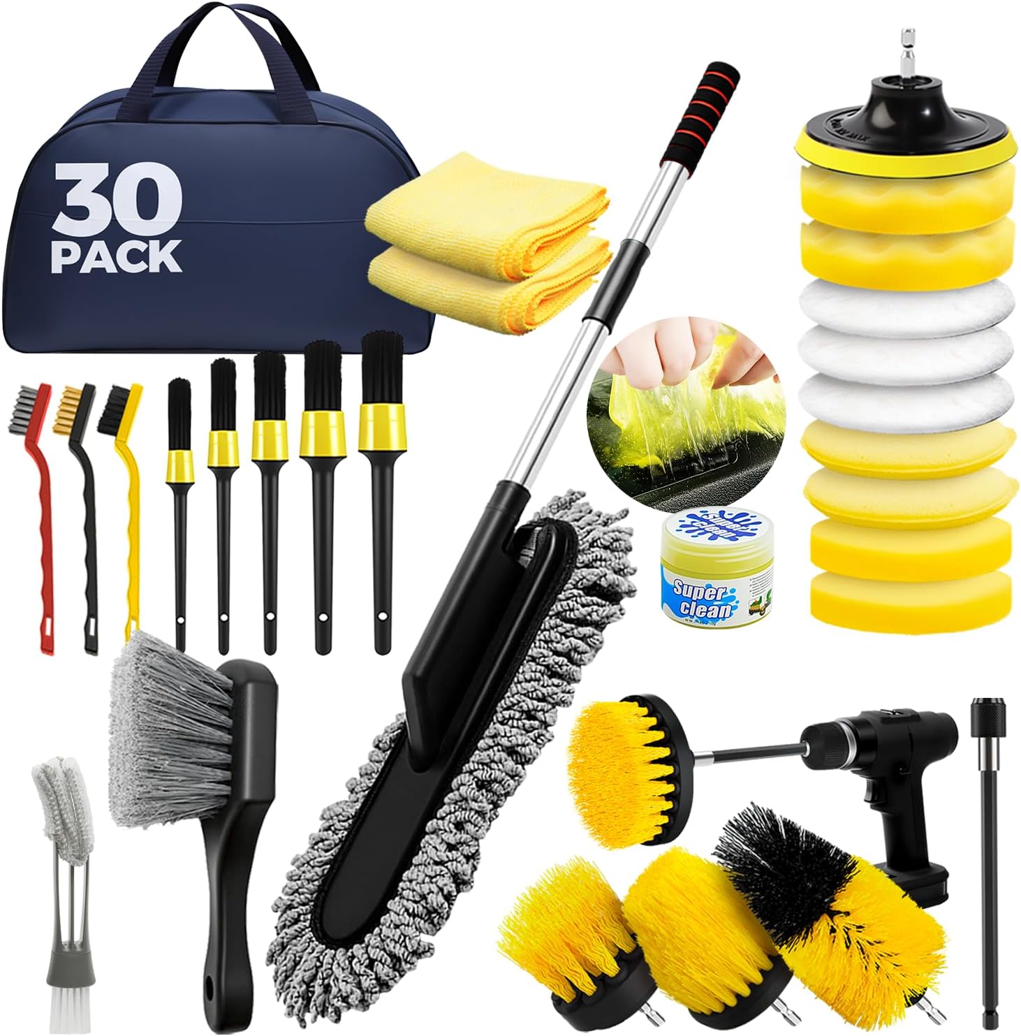 30Pcs Car Detailing Kit, Car Wash Cleaning Kit, Car Dusters Extendable Handle Cleaning Exterior, Car Cleaning Tools Kit, Car Cleaning Supplies for Interior, Exterior, Wheels, Windows, Yellow