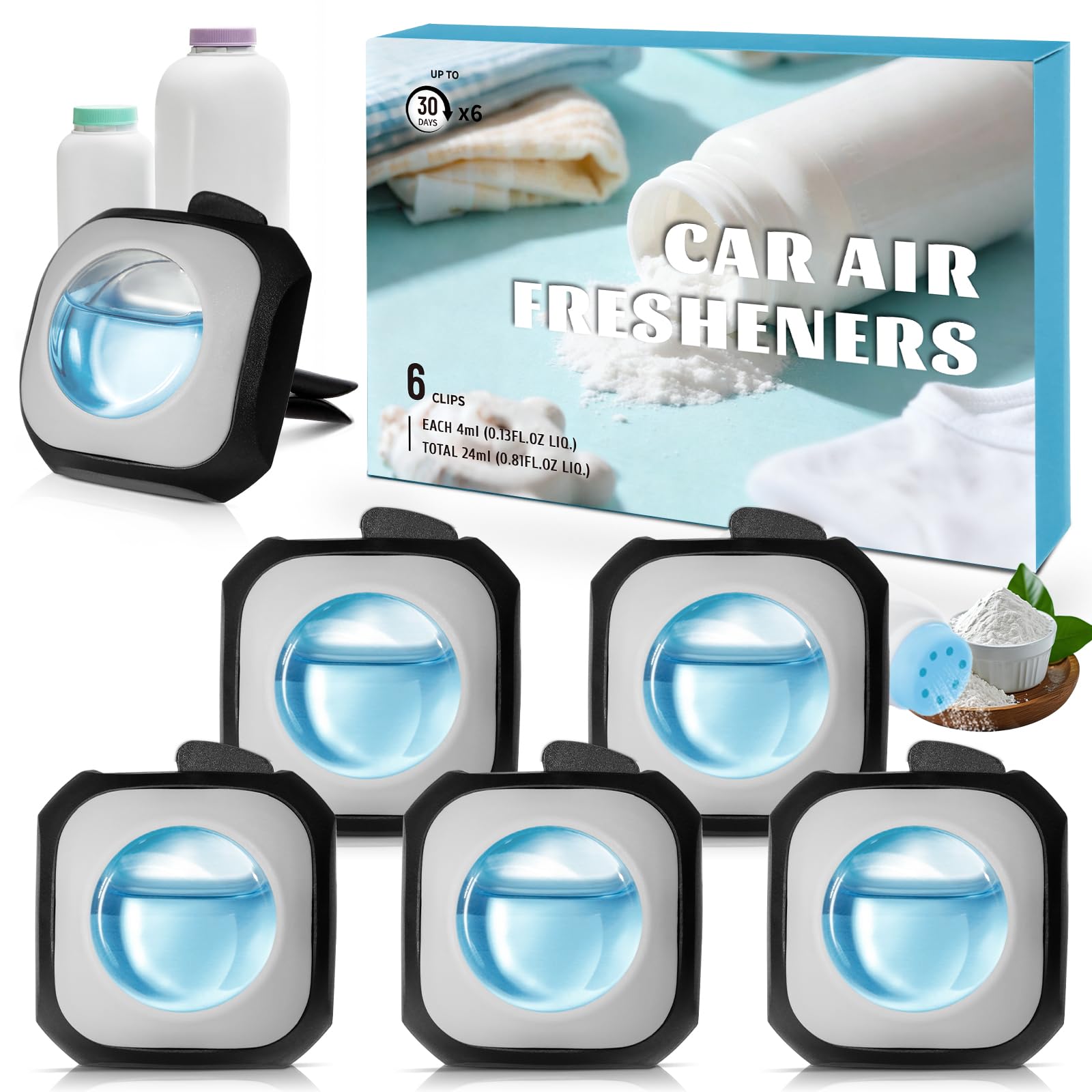 Car Air Freshener Vent Clip - 6 Packs Adjustable Fragrance Vent Car Freshener, Long‑Lasting with Essential Oils, Baby Powder Scent for Men & Women