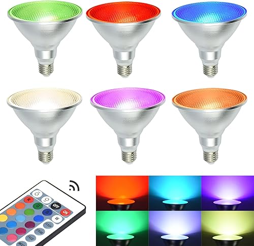 Miniatura 6 de Paquete de 2 focos RGB PAR38 para exteriores con control remoto, 30 W  90 W, bombillas LED impermeables que cambian de color, blanco cálido de 3000