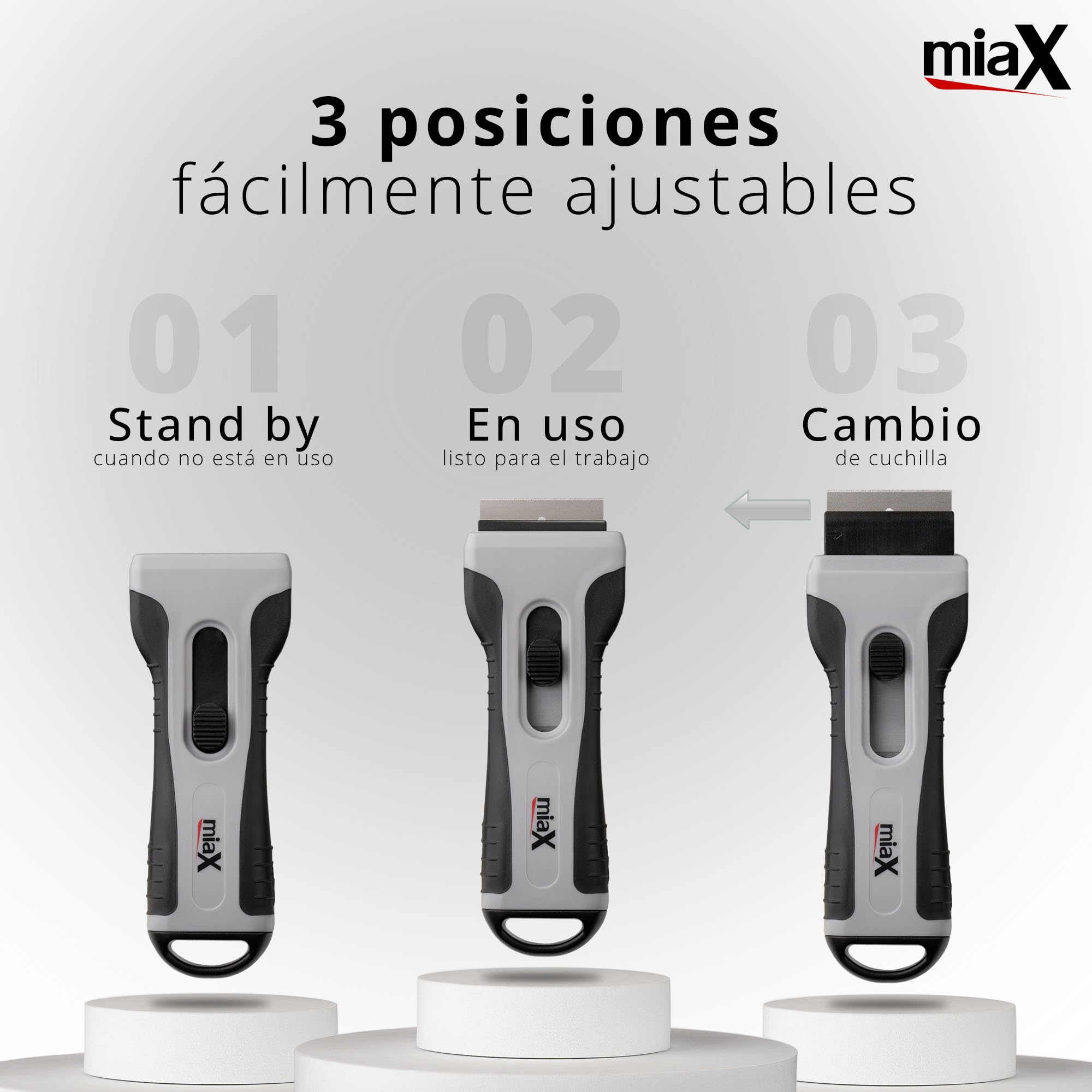 miaX Rasqueta Vitrocerámica con Compartimento y 20 Cuchillas | 15 cuchillas metálicas, 5 cuchillas plásticas, placa de inducción, horno, mango antideslizante