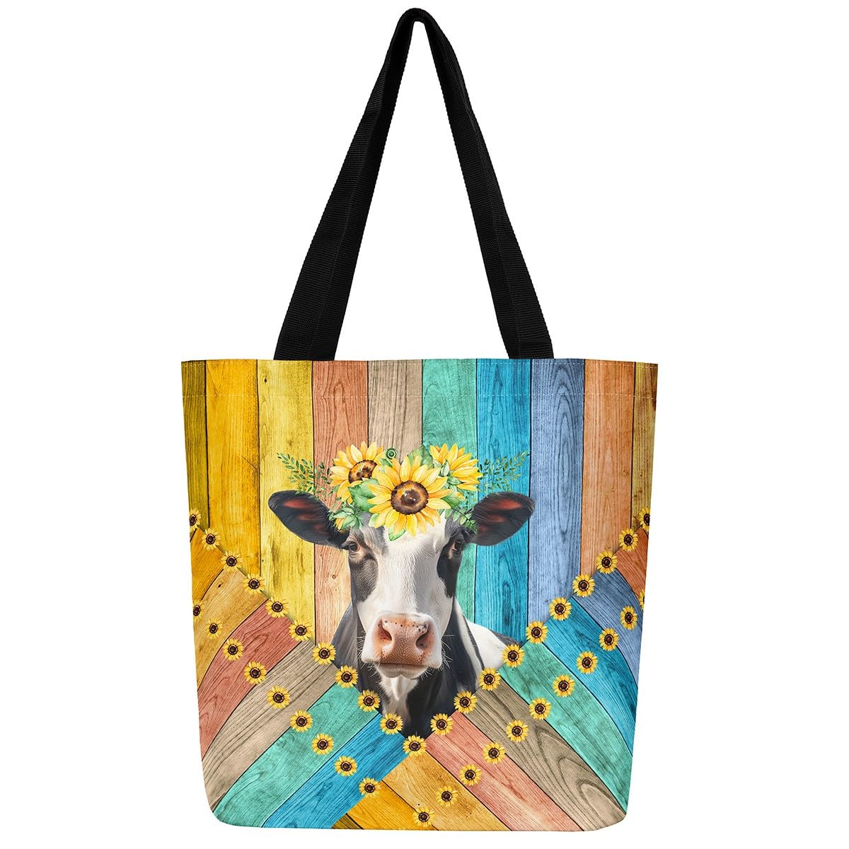 Homewish Cow Print Canvas Tote Bag Western Farmhouse Highland Cattle Canvas Bag Rustic Farmstyle Sunflowers Reusable Grocery Bag Vintage Old Barn Door Decor Shopping Bag