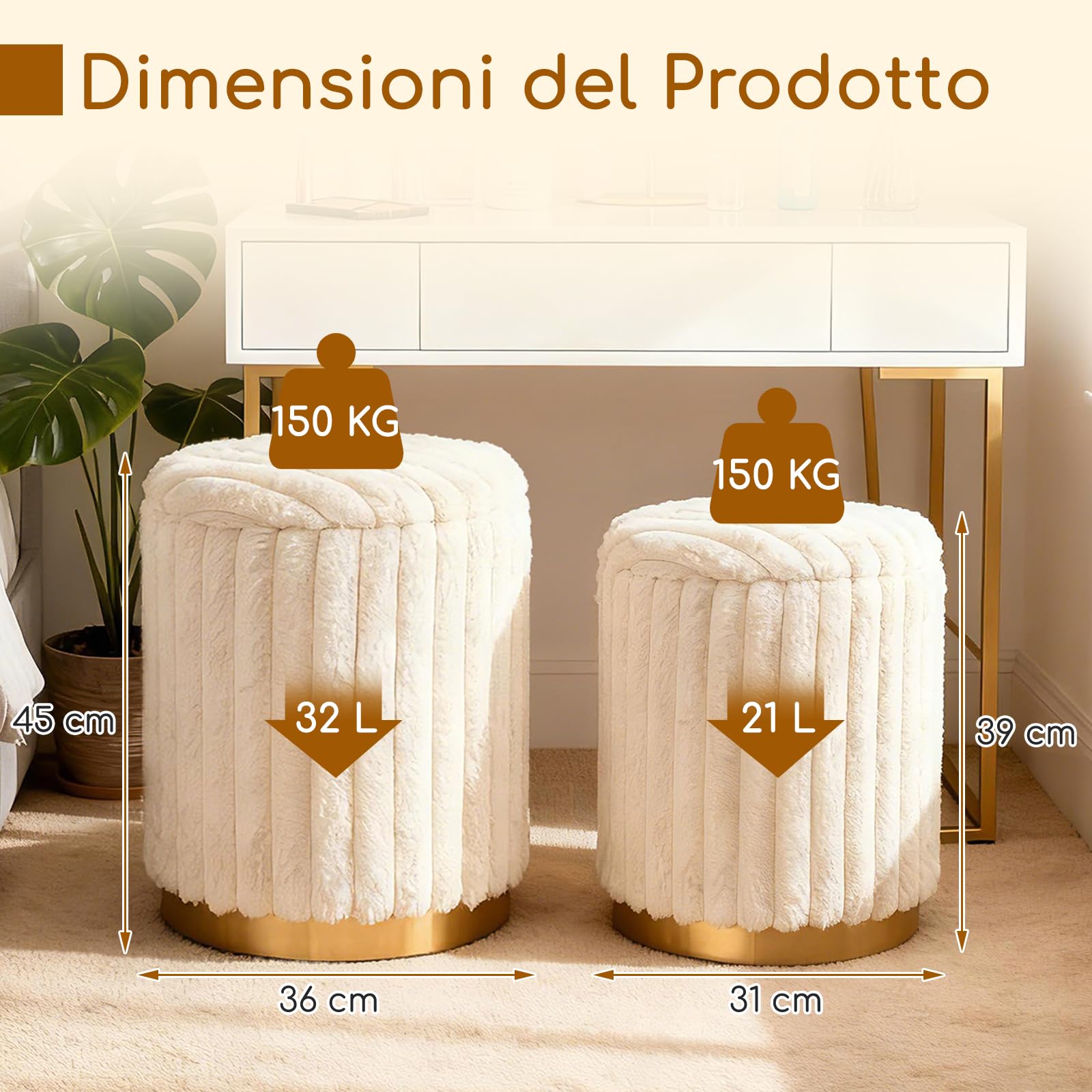 COSTWAY Set di 2 Pouf Contenitori Rotondi, 32L+21L, in Pelo di Coniglio | Sgabelli Contenitori Impilabili con Coperchi Rimovibili e Scomparti Nascosti per Soggiorno e Camera da Letto