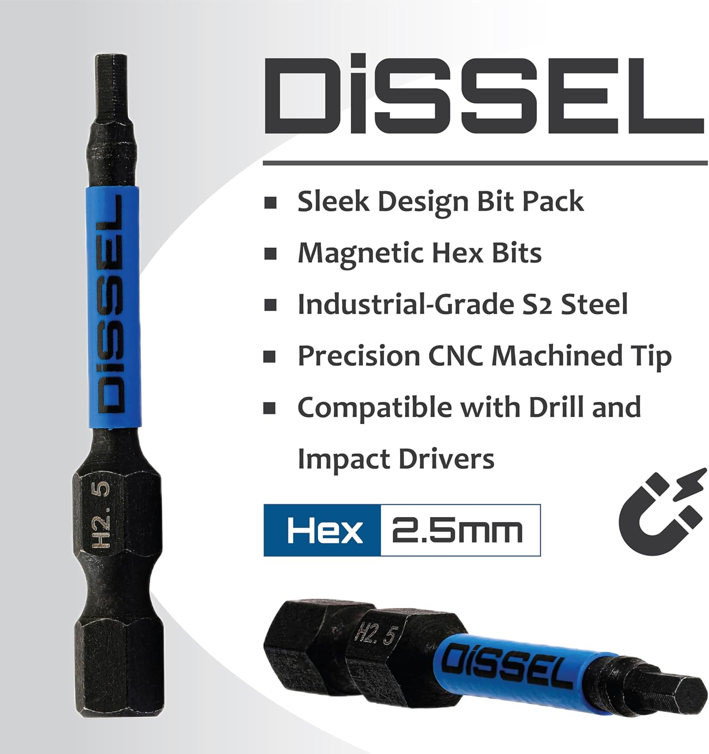2.5mm Allen Wrench Hex Bit Set - 6pc Magnetic Impact Grade S2 Steel Hex Driver, Suitable for Deck, Drywall & Wood Screws