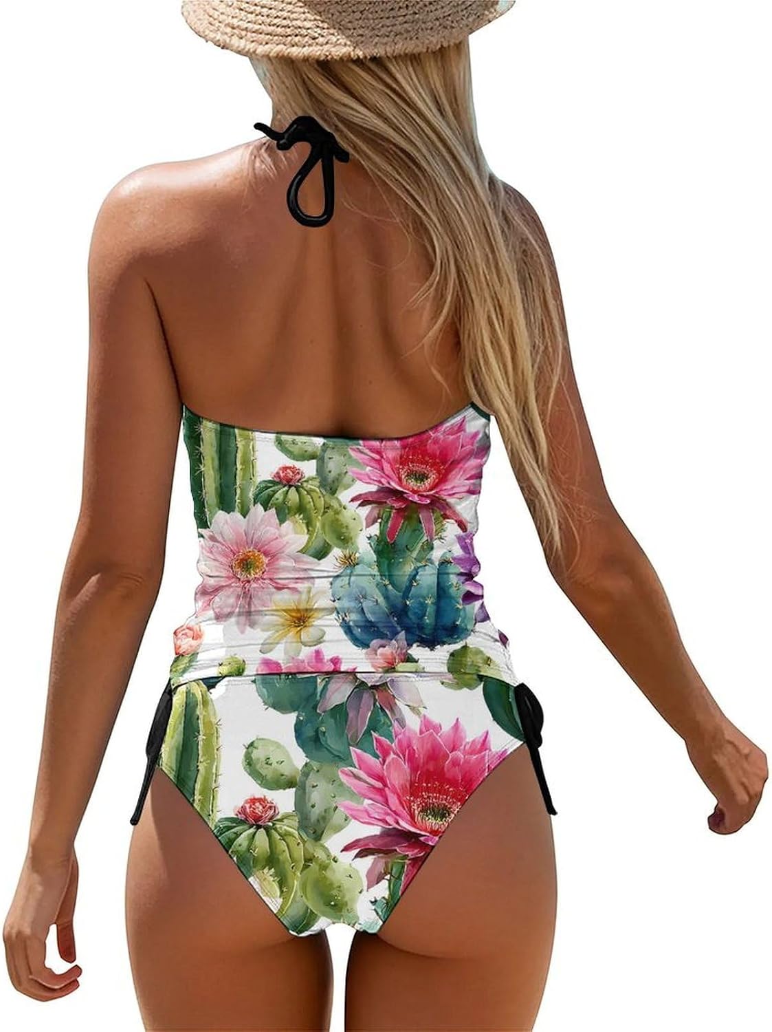 Cactus and Flowers Women Tankini 2 Piece Swim Bathing Suits | tummy control,high neck top with bottom,swimwear,swimsuits