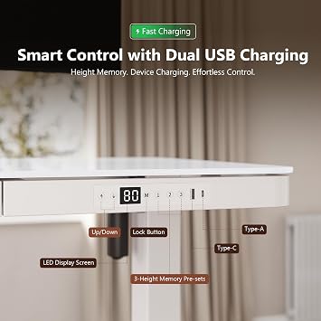 kowo Glass Electric Standing Desk, 120x60cm, Tempered Glass Top with Metal Drawer & USB-C Hub, Height Adjustable 73-118cm, Sit Stand Home Office Desk, White