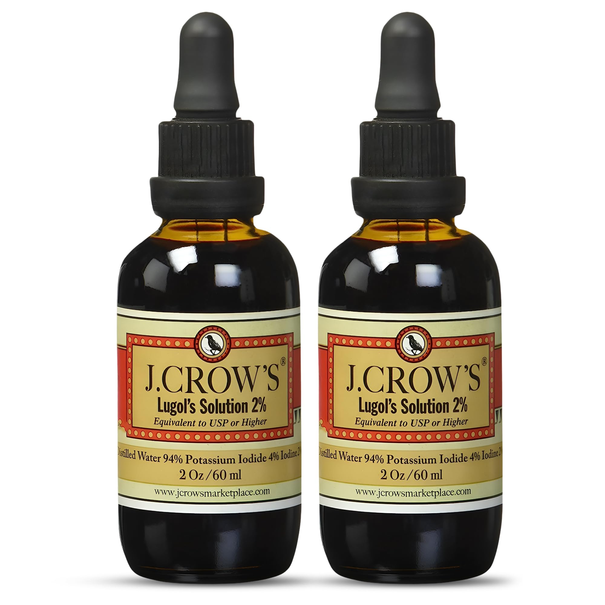 J.CROW'S® Lugol's Solution of Iodine 2% 2 oz (2 Bottle) – Premium Iodine & Potassium Iodide Liquid, Gluten &, Alcohol-Free Natural Brine Extract, No Expiration