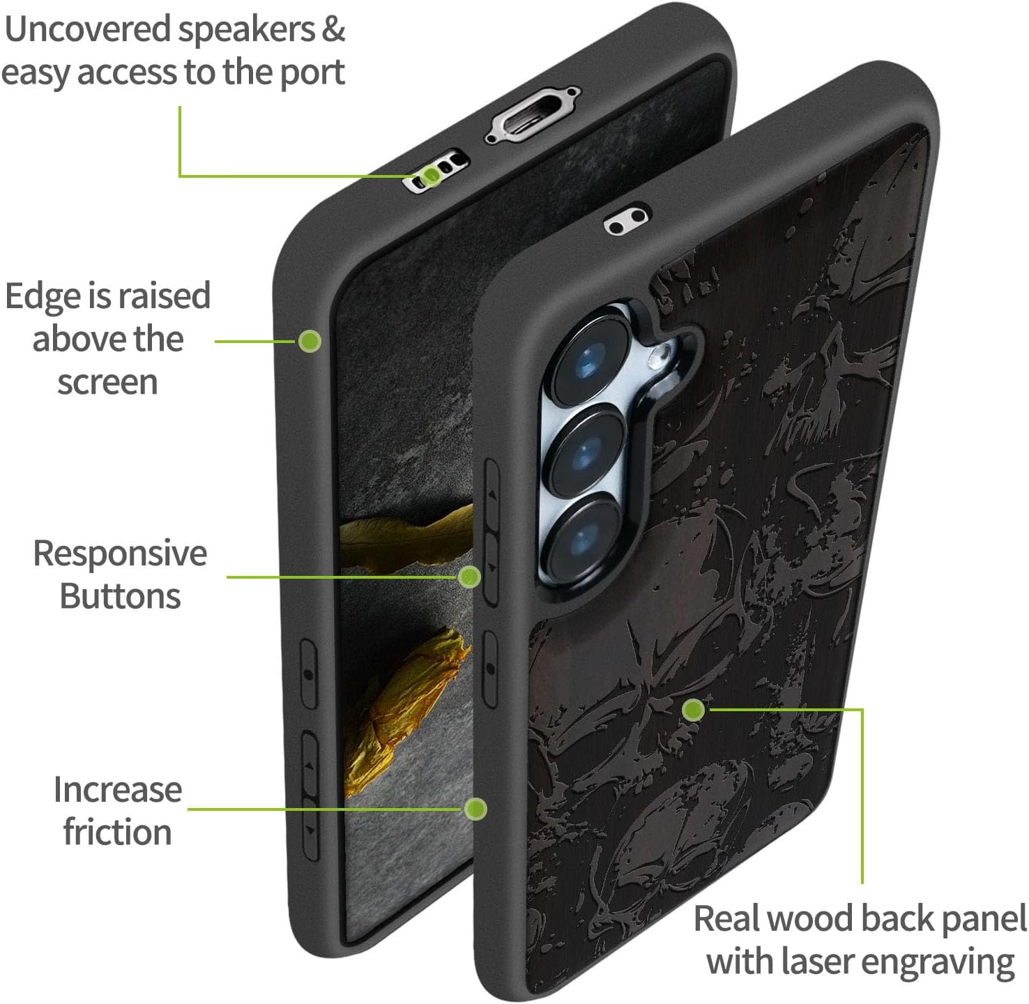 Carveit Wood Case for Galaxy S24 Case [Natural Wood & Black Soft TPU] Shockproof Protective Cover Unique Wooden Design Compatible with Samsung S24 (Grunge Style Skull Pattern-Blackwood)