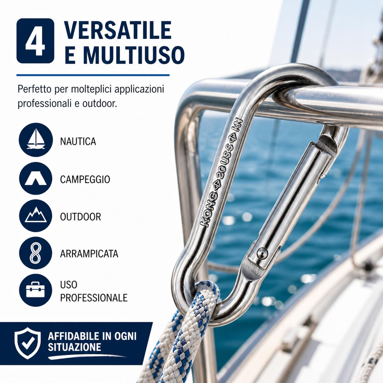 Moschettone Acciaio Inox AISI 316 Leva Dritta – Connettore Nautico Antiruggine Alta Resistenza per Barca Ormeggio Campeggio Outdoor Uso Professionale