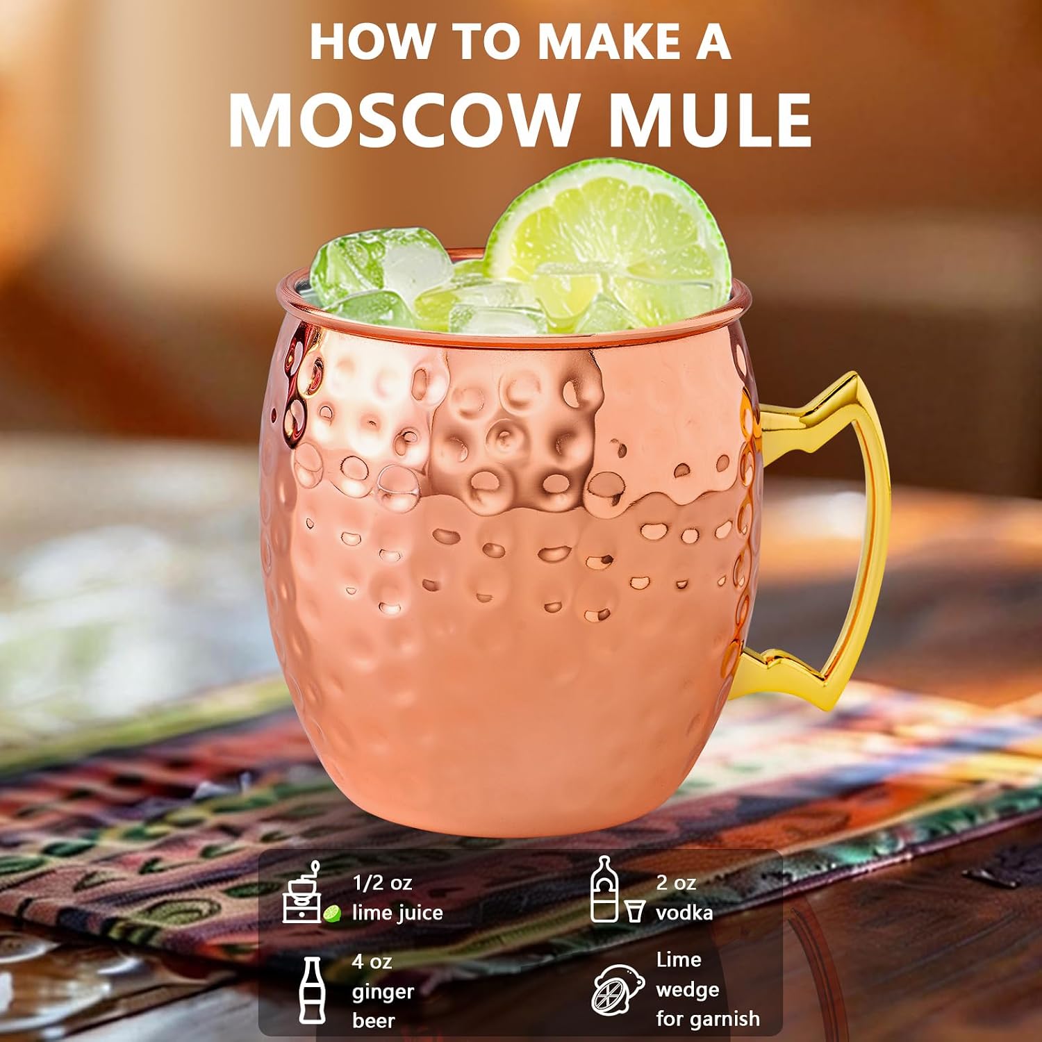 UNISWEET Moscow Mule Mugs Set of 4,Polished Hammered Finished Copper Mug,304 Stainless Steel Lining With Golden Copper Handle,Perfect For Wine, Beer, Cold Drink, Bar, Party, Gifts