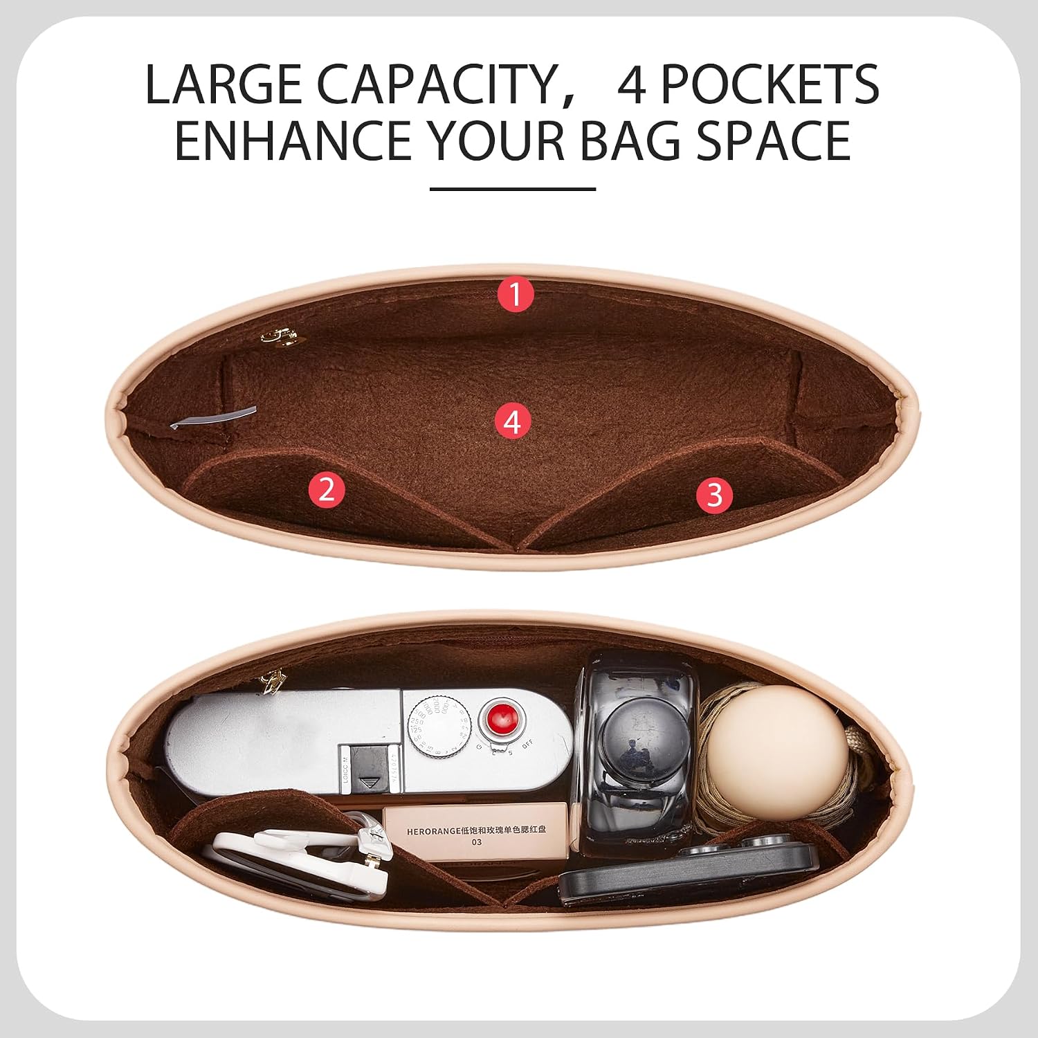 Brooklyn 28 Bag Insert Organizer, Premium Felt Purse Organizer Insert for Coach Brooklyn Shoulder Bag 28, Leather edge Lightweight 4 Compartments Tote Handbag Diveider with Zipper Pocket, Brown