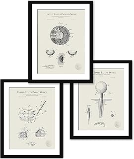 Vintage Golf Decor | Prints of Golf Ball, Club Head & Tee Patents | Set of 3 Prints | Gift for Golfer | Optional Frames | Linen Background (8x10" Unframed)