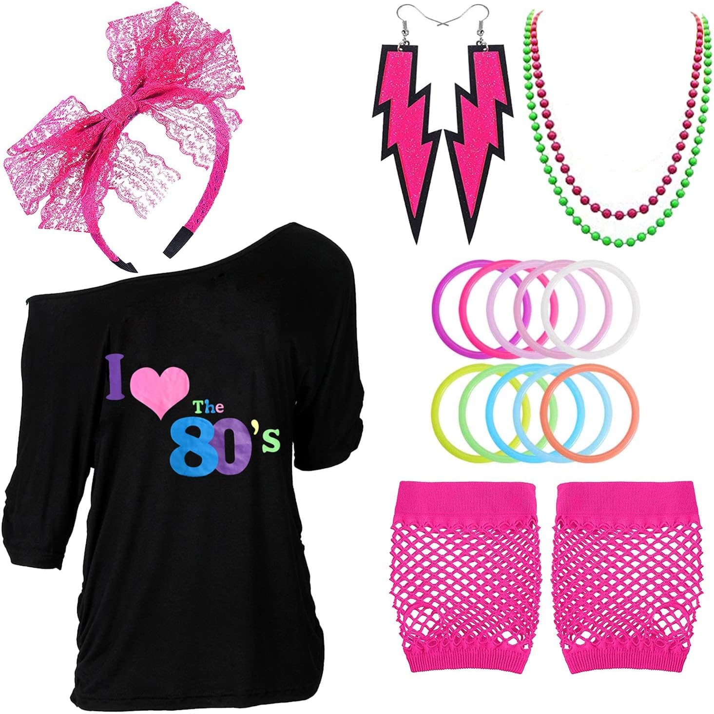 80s Outfits Costume Accessories for Women,I Love 80's Print Off Shoulder T-Shirt for 80s Costumes