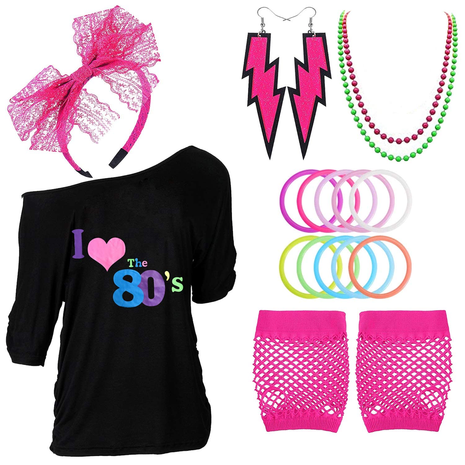 Z-Shop80s Outfits Costume Accessories for Women,I Love 80's Print Off Shoulder T-Shirt for 80s Costumes