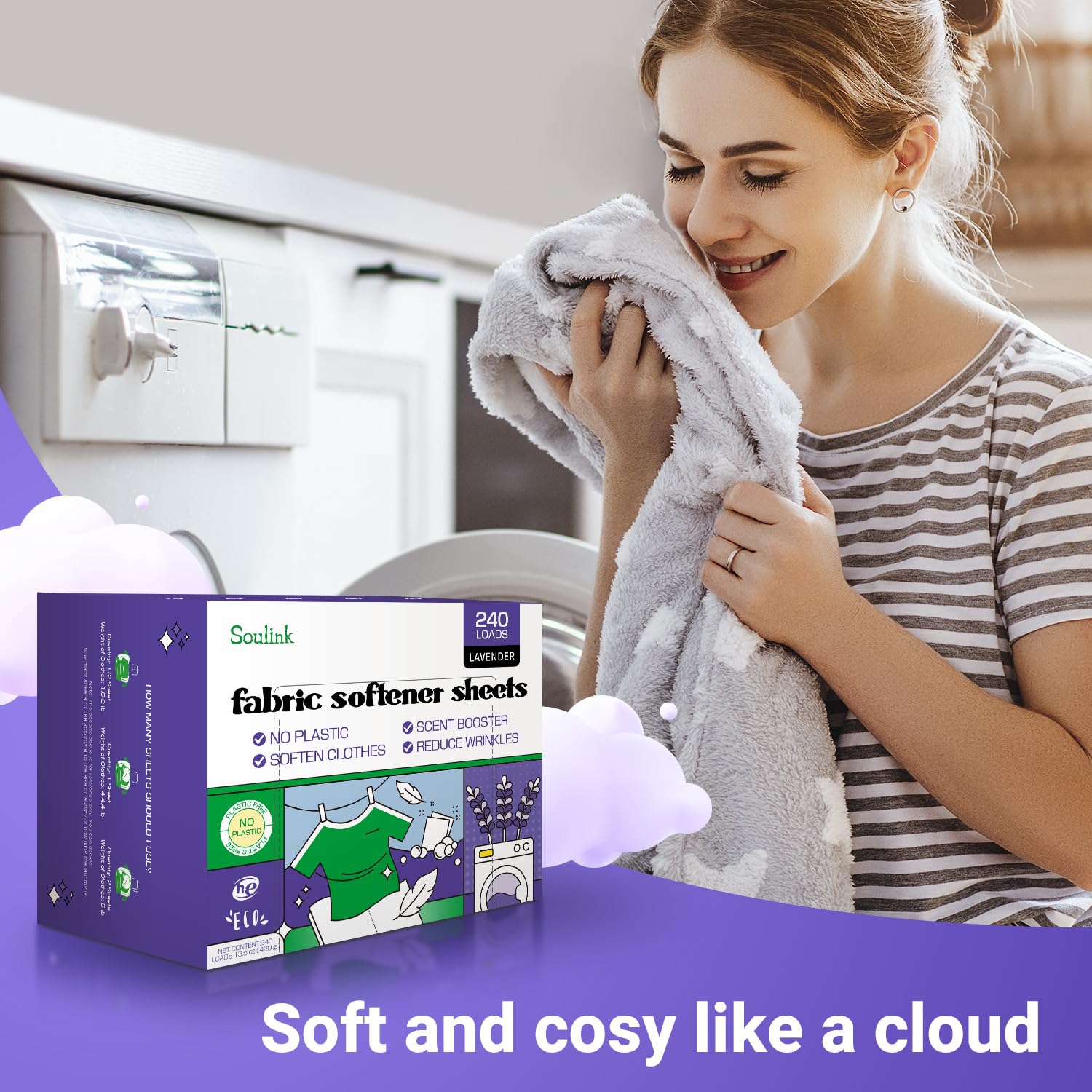 Soulink Fabric Softener Sheets for Washing Machine, No Plastic Jug Soap Strips, Alternative to Fabric Softener Liquid and Pods, Lavender Scent, Up to 240 Loads